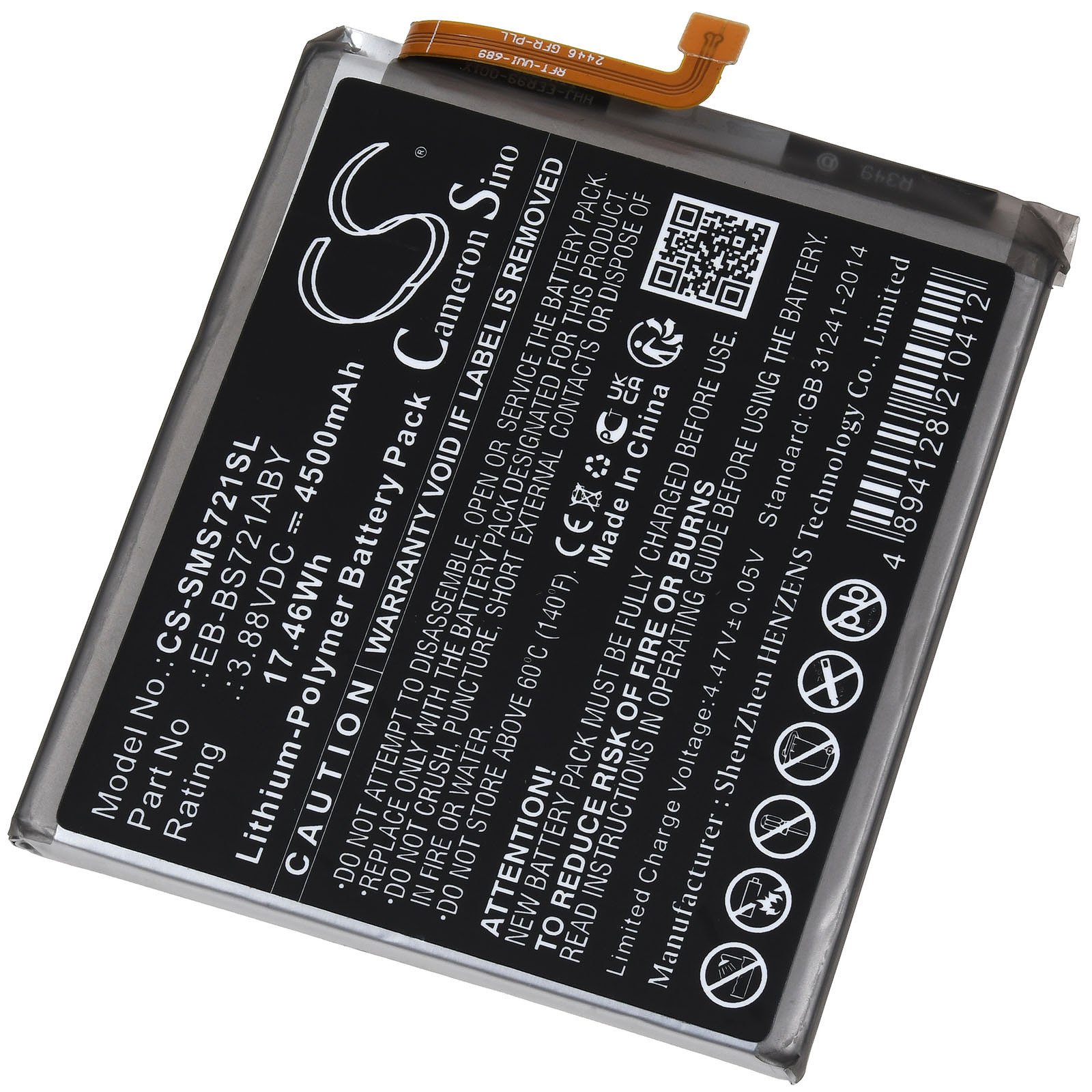 Ein schwarzes Akkupack mit weißem Text, einem goldenen Flachbandkabel und einem QR-Code. Es enthält Warnungen und Spezifikationen.