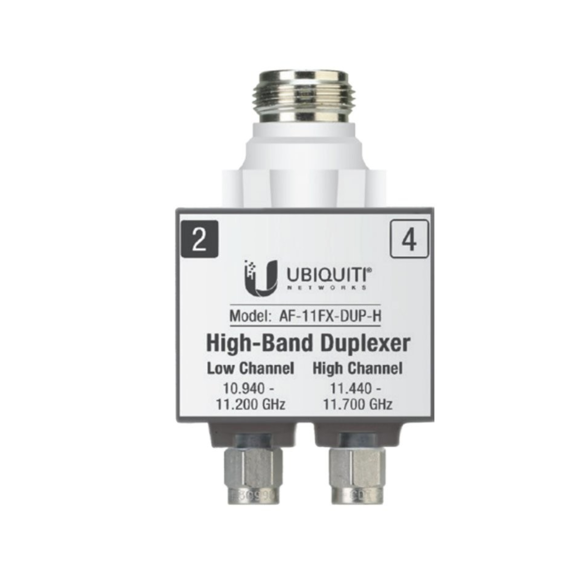 Un duplexer ad alta banda Ubiquiti bianco con connettori argentati. Ha il modello AF-11FX-DUP-H e intervalli di frequenza.