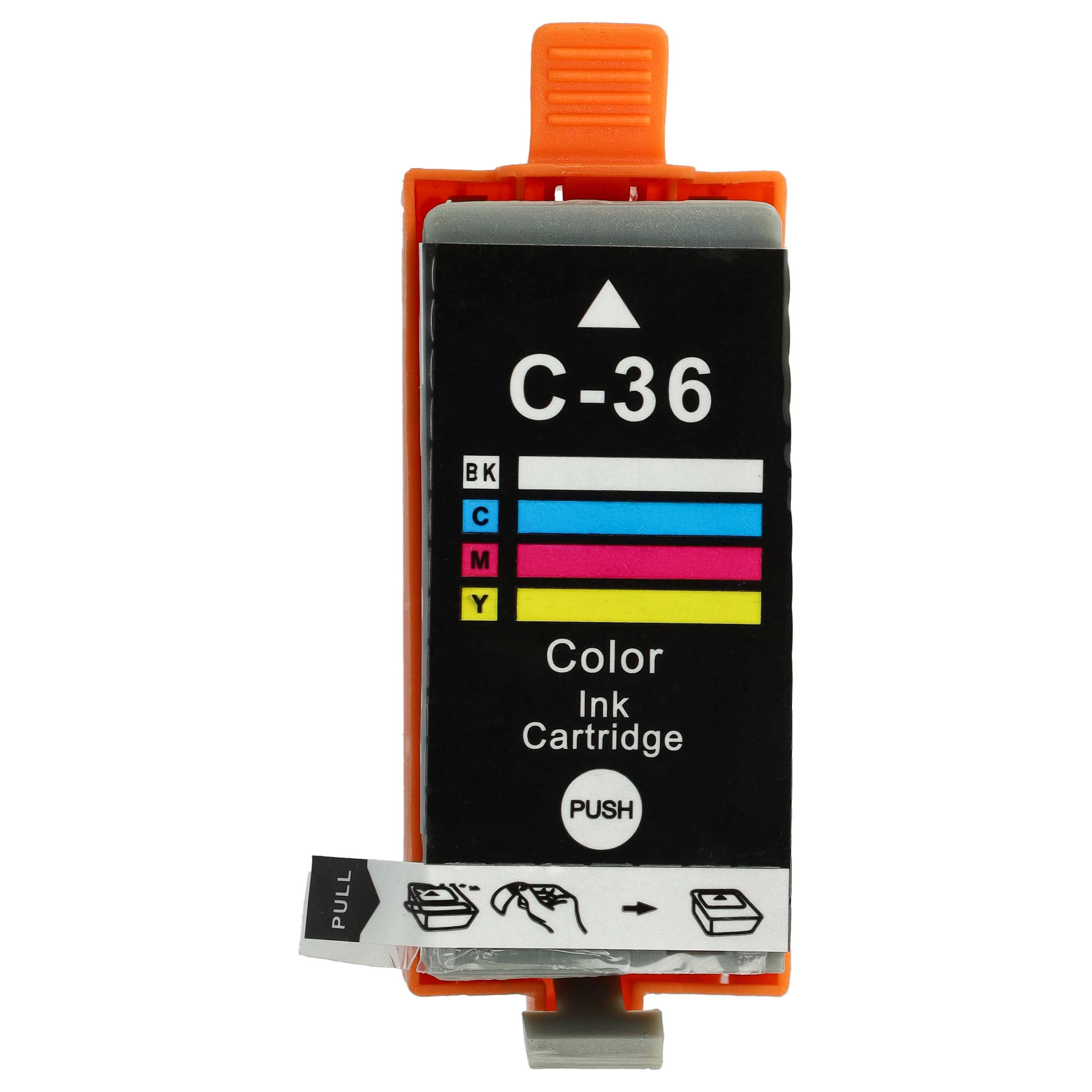 Farb-Tintenpatrone. Schwarzer rechteckiger Körper, orangefarbene Oberseite und Zuglasche. Text enthält "C-36", "Color Ink Cartridge", "PUSH".
