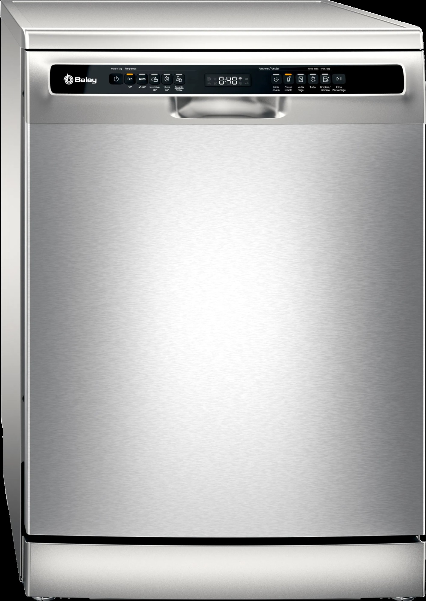 Zmywarka Balay ze stali nierdzewnej. Posiada przyciski sterowania i cyfrowy wyświetlacz pokazujący godzinę. Drzwi mają uchwyt.