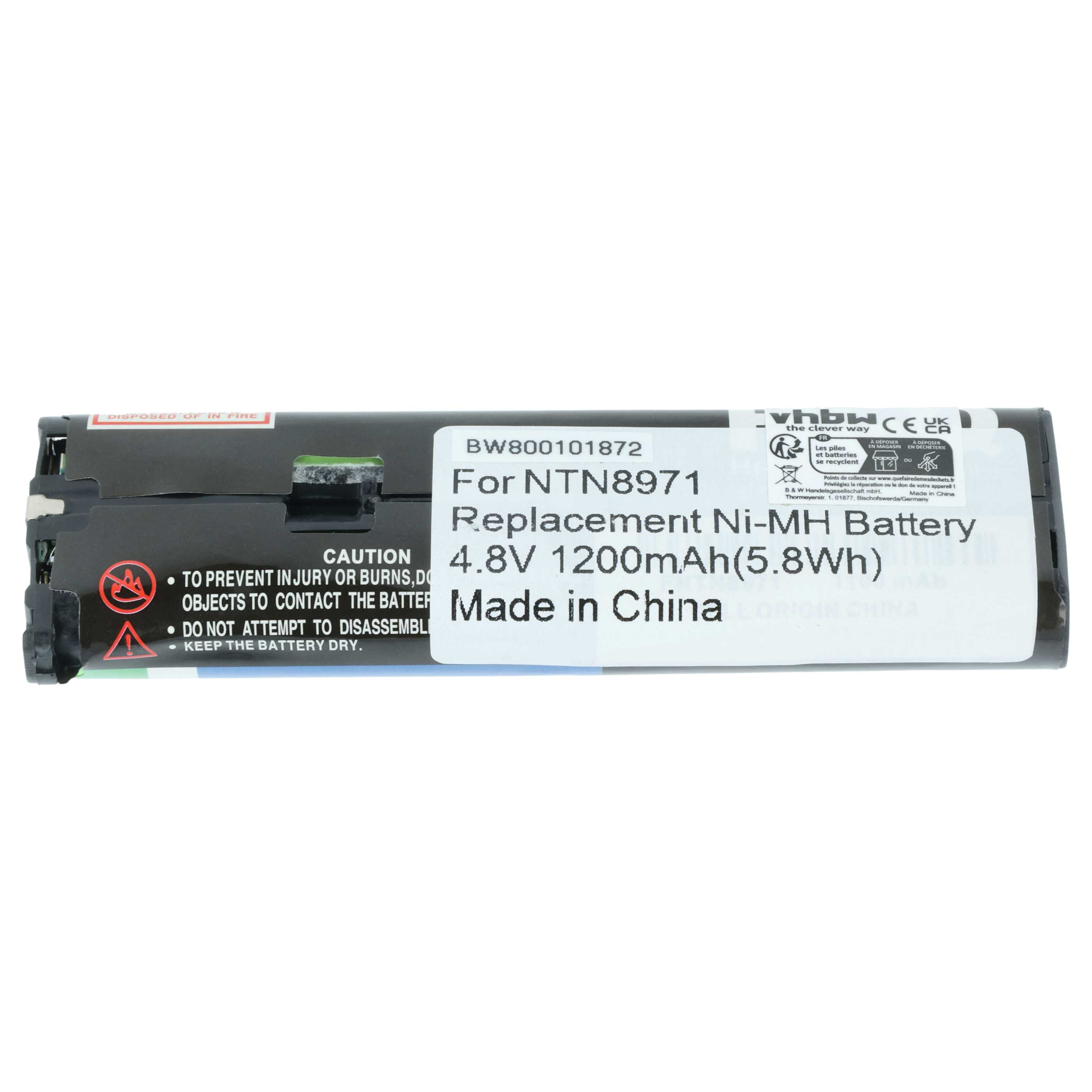 Schwarzer Akku mit weißem Etikett. Text enthält 'Replacement Ni-MH Battery' und Warnhinweise.