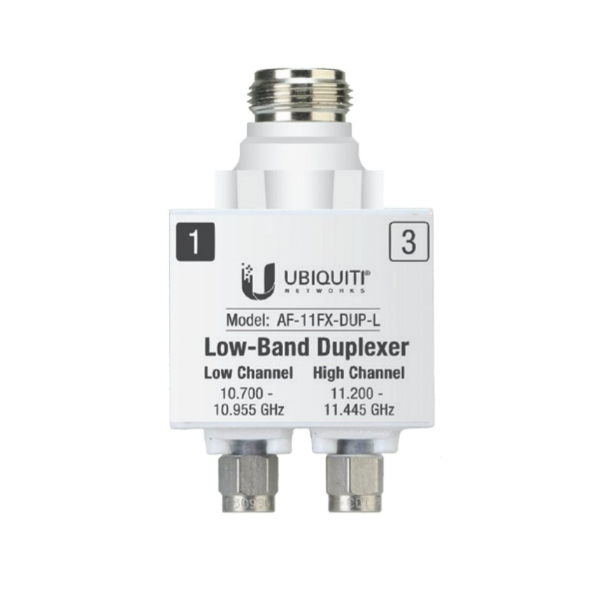 Un duplexer a banda bassa Ubiquiti bianco con modello AF-11FX-DUP-L. Ha due connettori argentati in basso e una parte superiore metallica.