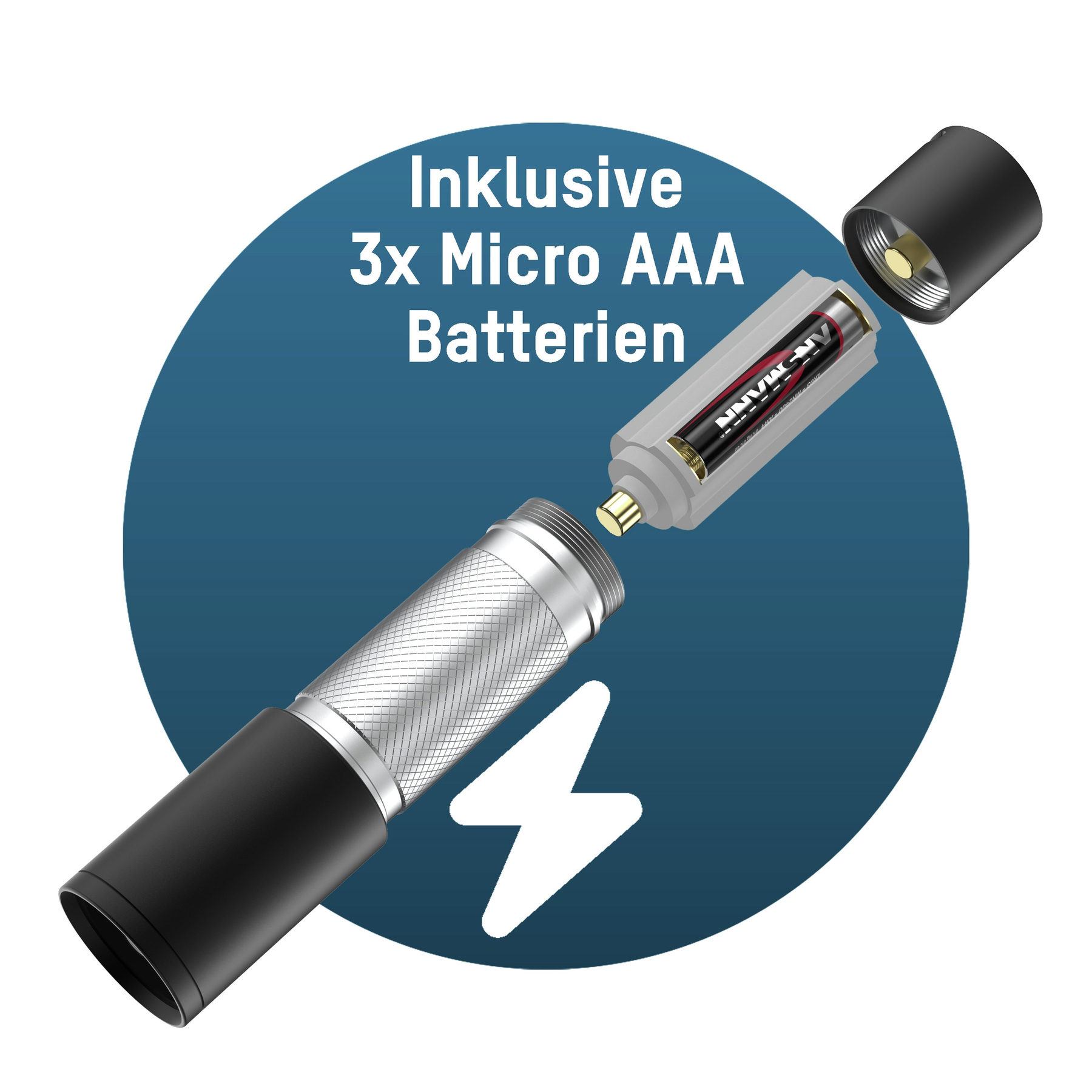 Latarka zdemontowana z bateriami. Niebieskie koło z tekstem, biała błyskawica.