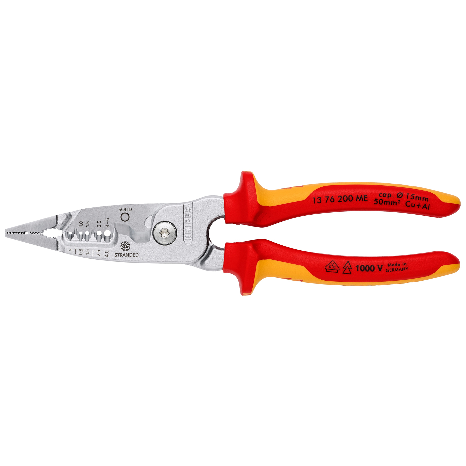 Zange mit rot-gelben Griffen. Es ist ein Knipex 13 76 200 ME Modell, für Elektroarbeiten.