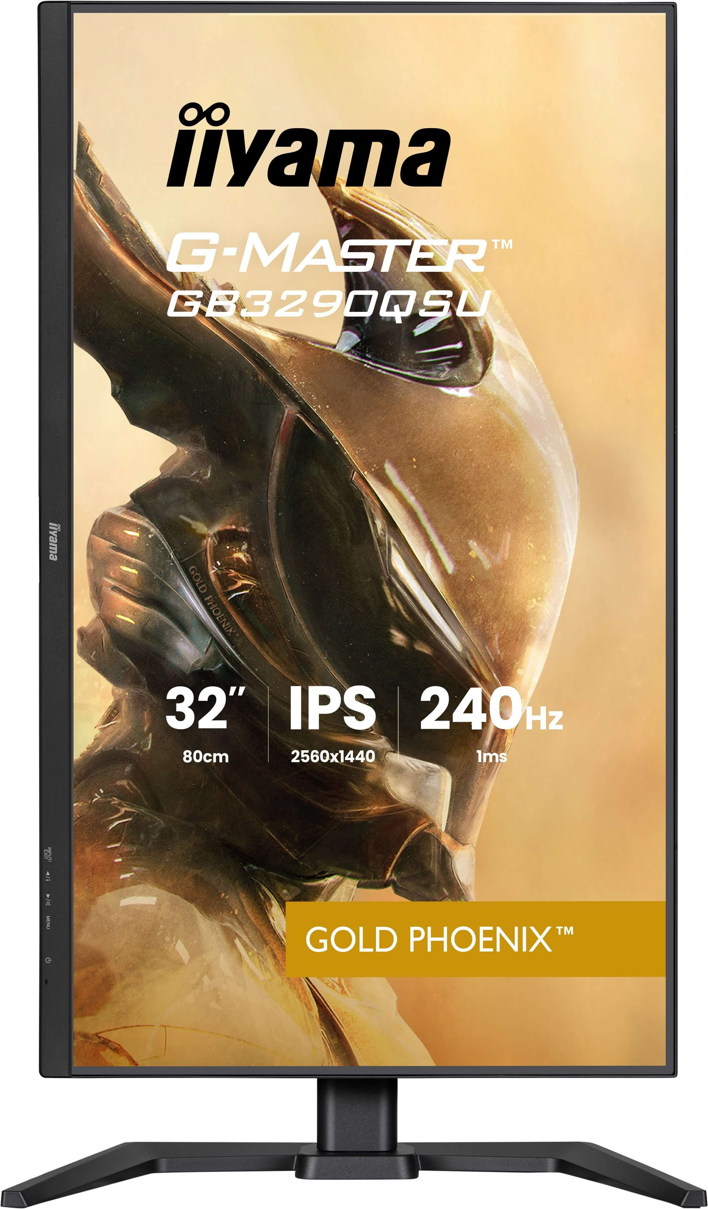 Monitor komputerowy z logo 'iiyama'. Ma złotą grafikę z tekstem: G-MASTER, 32", IPS, 240Hz, GOLD PHOENIX.
