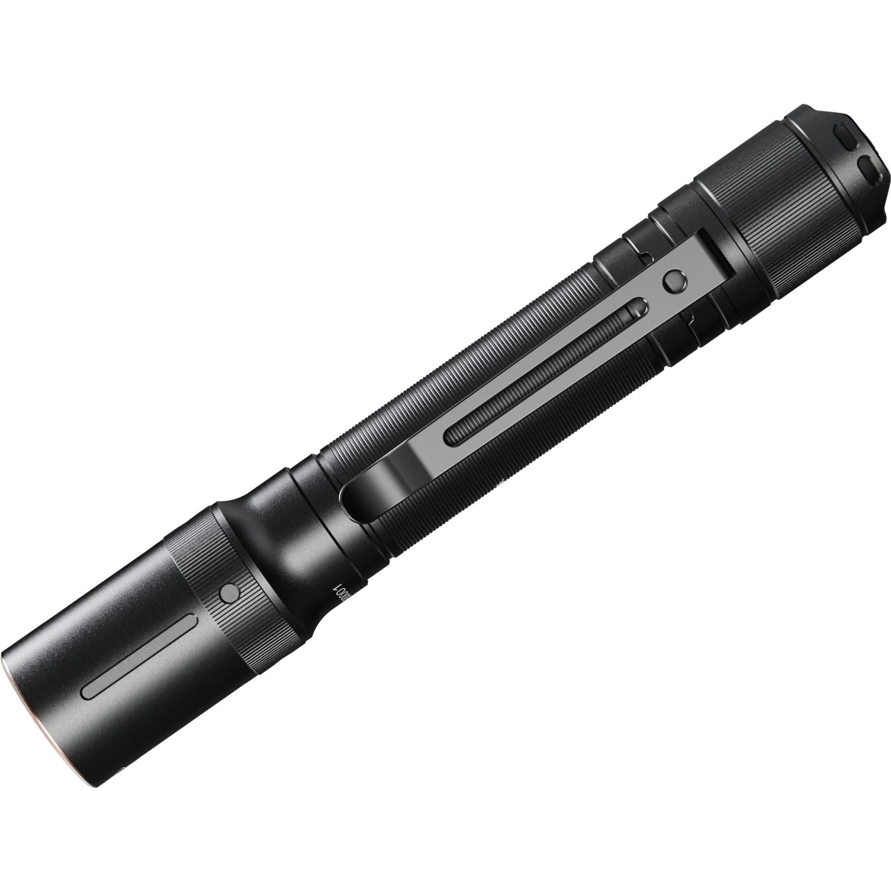 Czarna latarka z klipsem do kieszeni. Ma cylindryczny kształt, teksturowany korpus i srebrny klips. Tło jest białe.