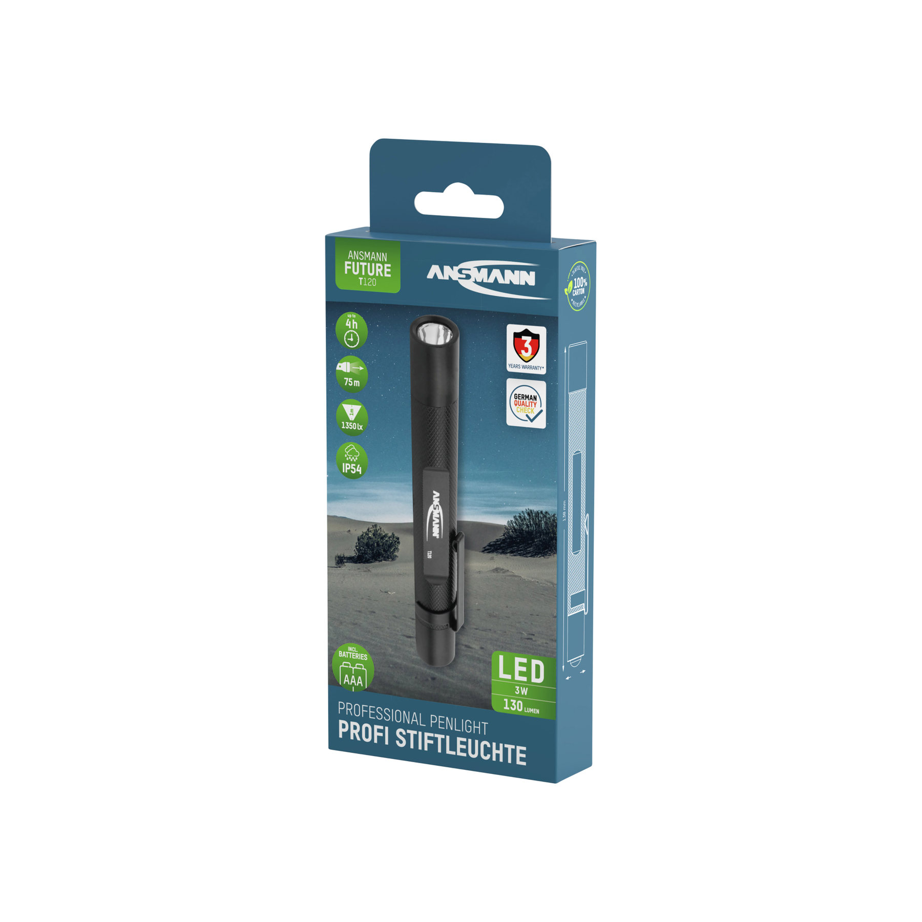 Latarka w opakowaniu. Opakowanie zawiera markę ANSMANN i szczegóły produktu. Latarka jest czarna.