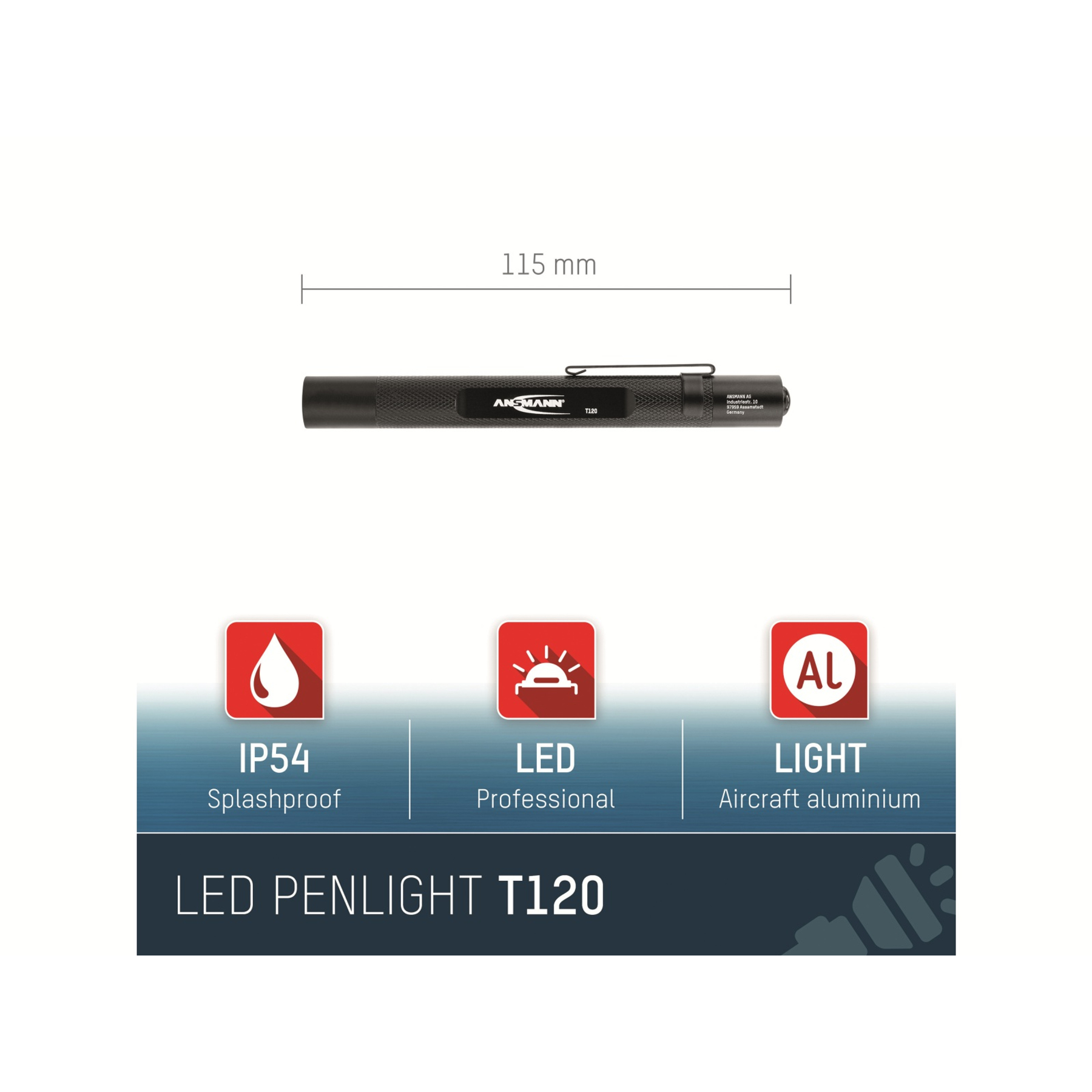Czarna latarka LED z marką ANSMANN. Obraz przedstawia latarkę, wraz z ikonami jej funkcji.
