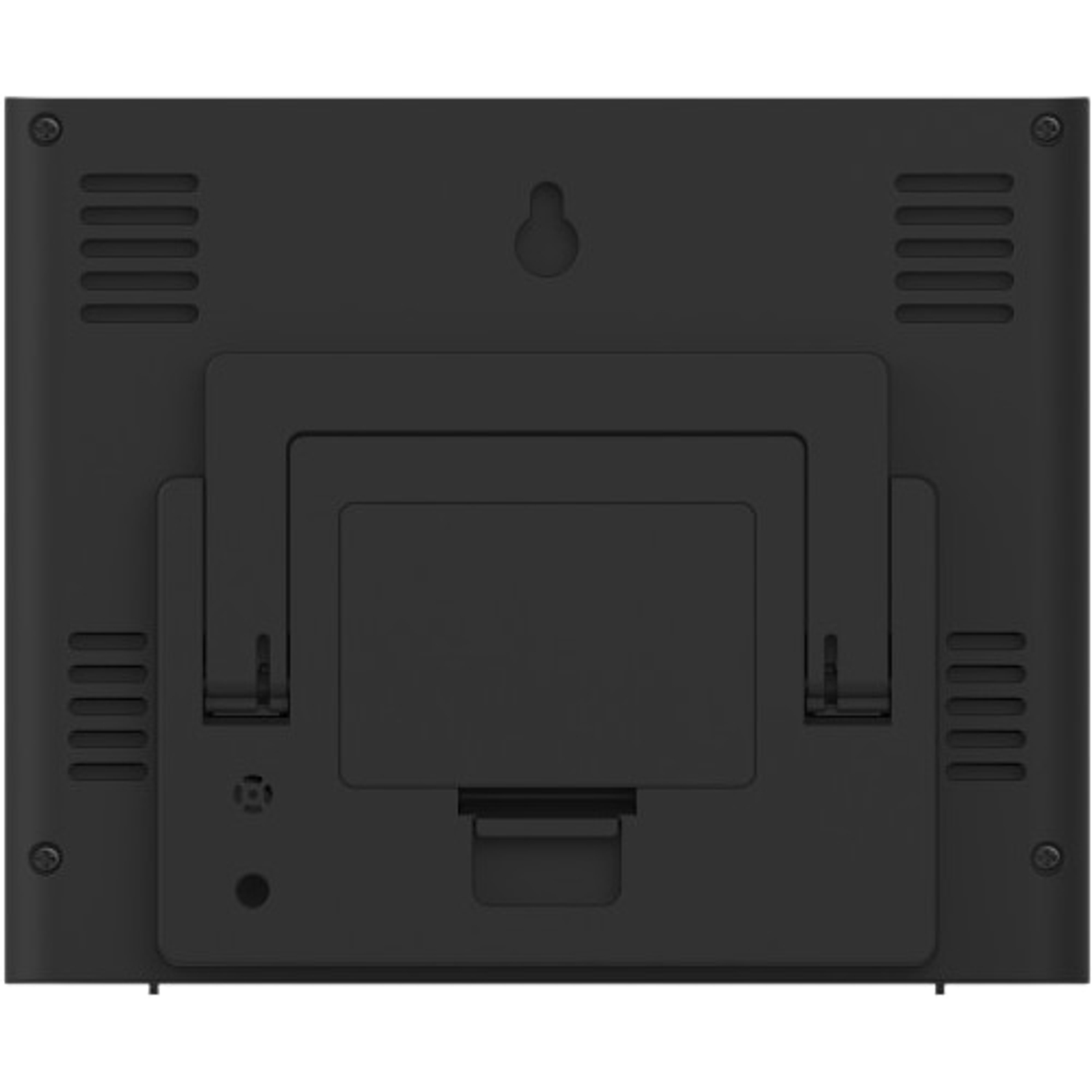 Tył czarnego urządzenia. Zawiera otwory wentylacyjne, podstawkę, haczyk i śruby. Głównie matowy czarny.