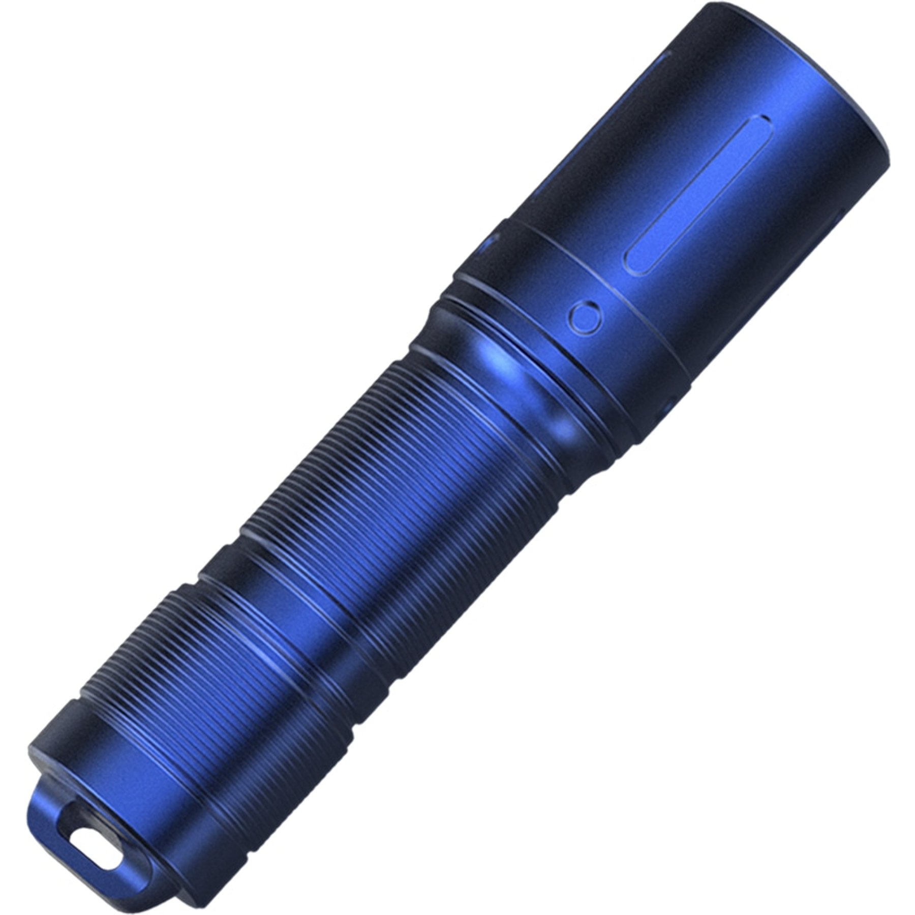 Eine blaue Taschenlampe auf weißem Hintergrund. Sie hat einen zylindrischen Körper mit Rillen und eine Schlaufe unten.