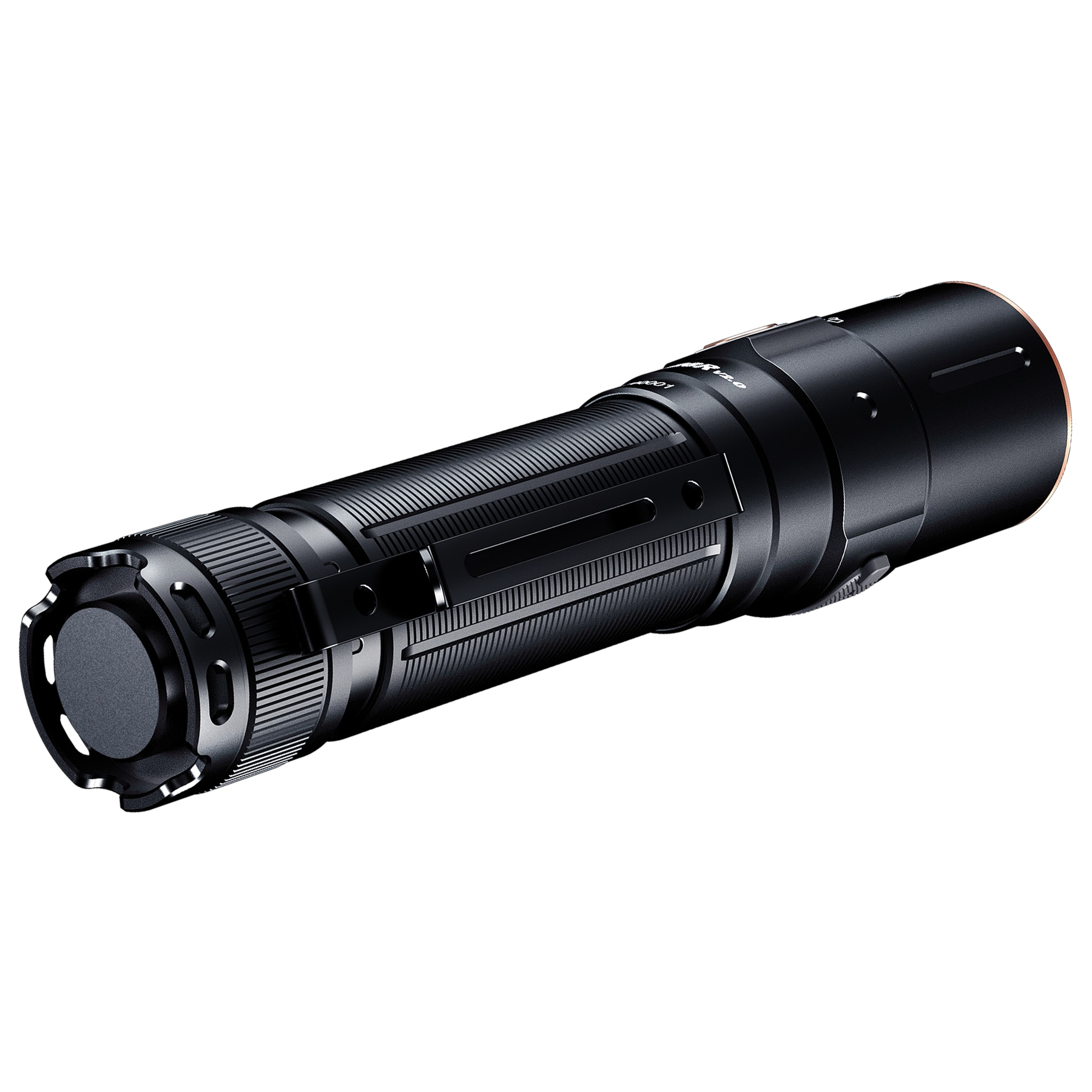 Czarna latarka z klipsem na białym tle. Jest cylindryczna z teksturowanym uchwytem i metalową ramką.