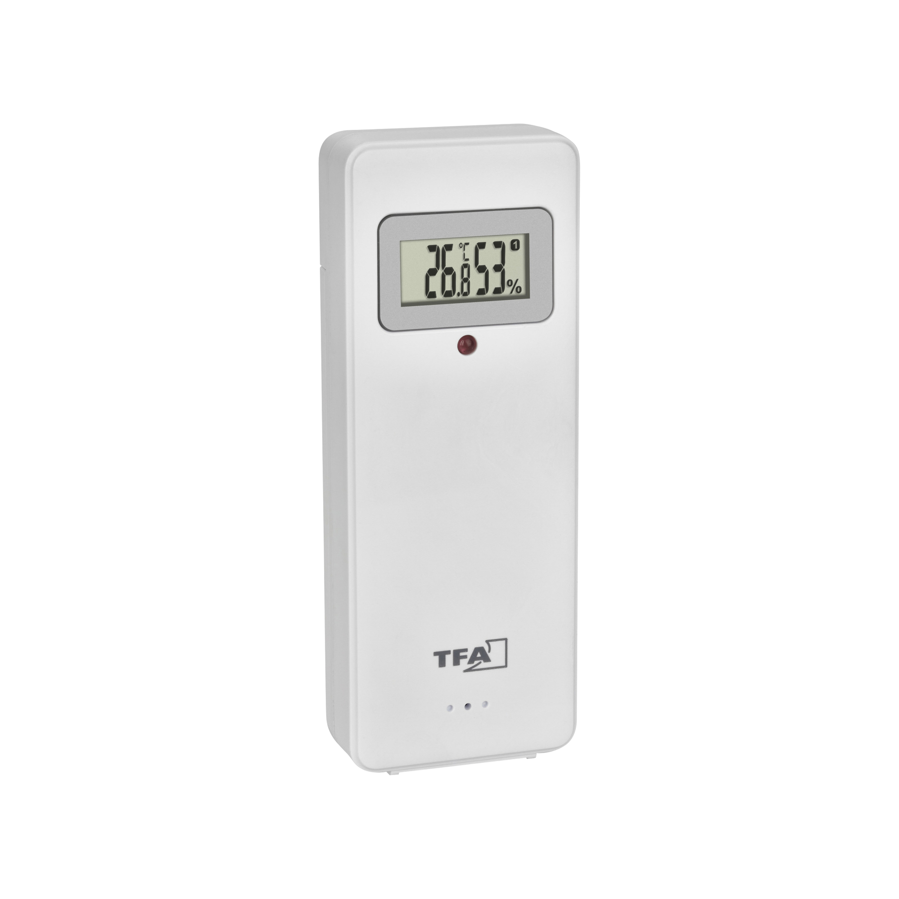 Weißes digitales Thermometer zeigt Temperatur und Luftfeuchtigkeit an. Es hat ein rotes Licht und das TFA-Logo.
