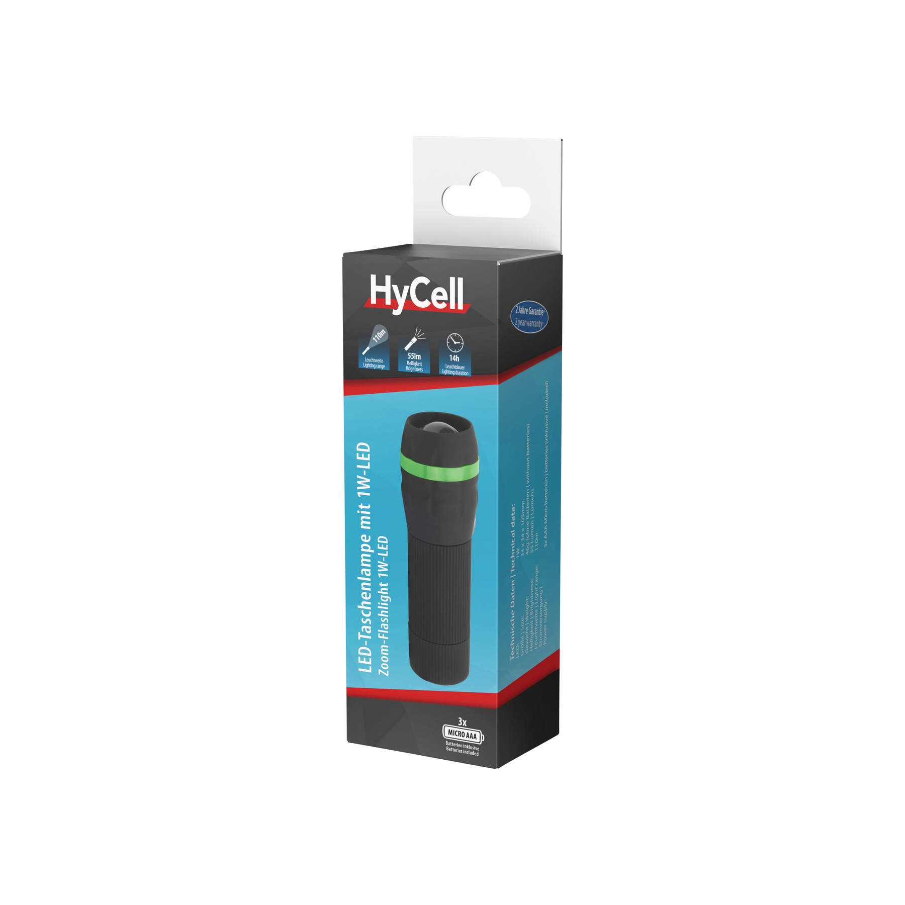 Une lampe de poche LED HyCell dans une boîte. La boîte est noire et turquoise, affichant les caractéristiques du produit. La lampe est noire avec un anneau vert.