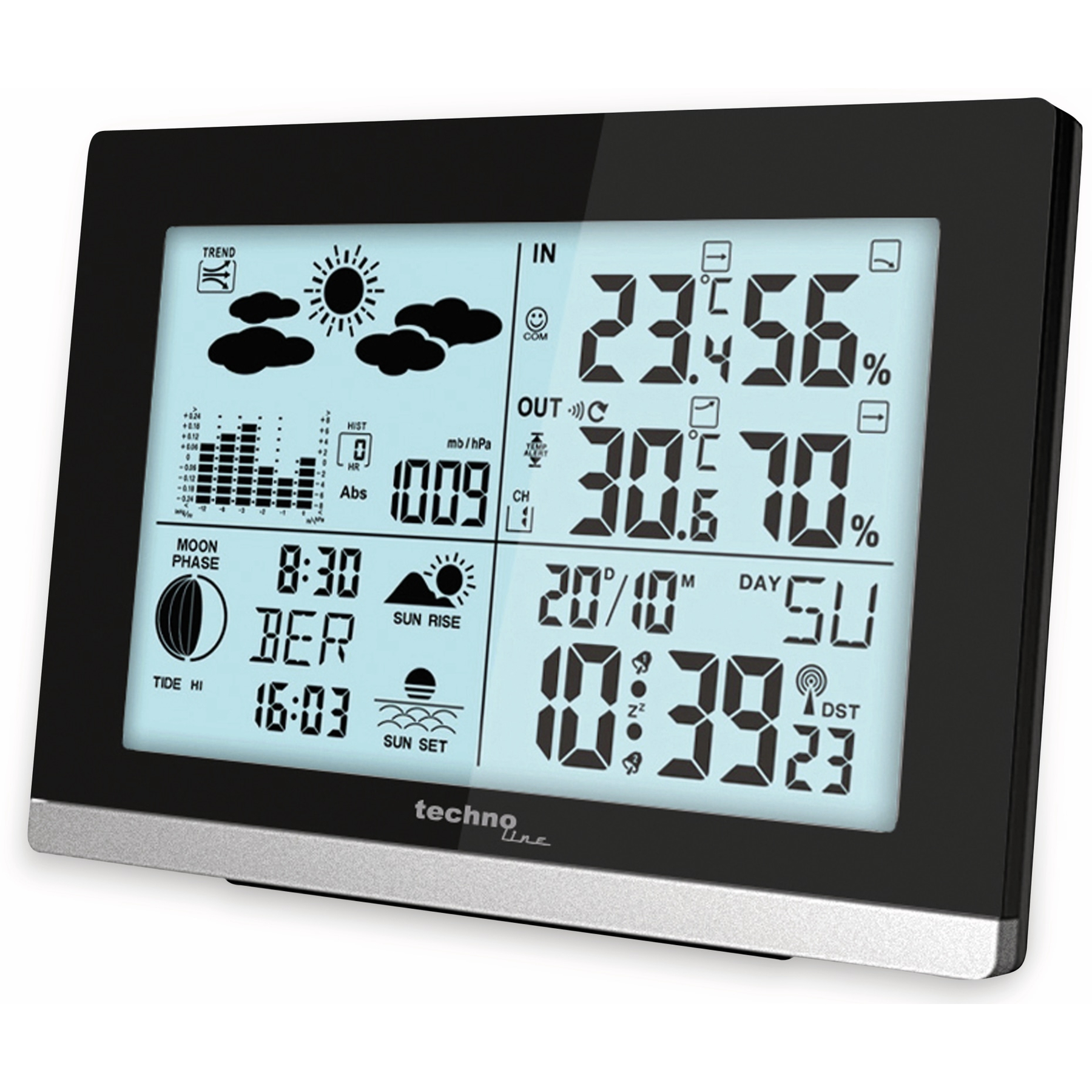 Czarna stacja pogodowa wyświetlająca czas, temperaturę i prognozę pogody. Zawiera fazę księżyca, przypływ/odpływ i wschód/zachód słońca.