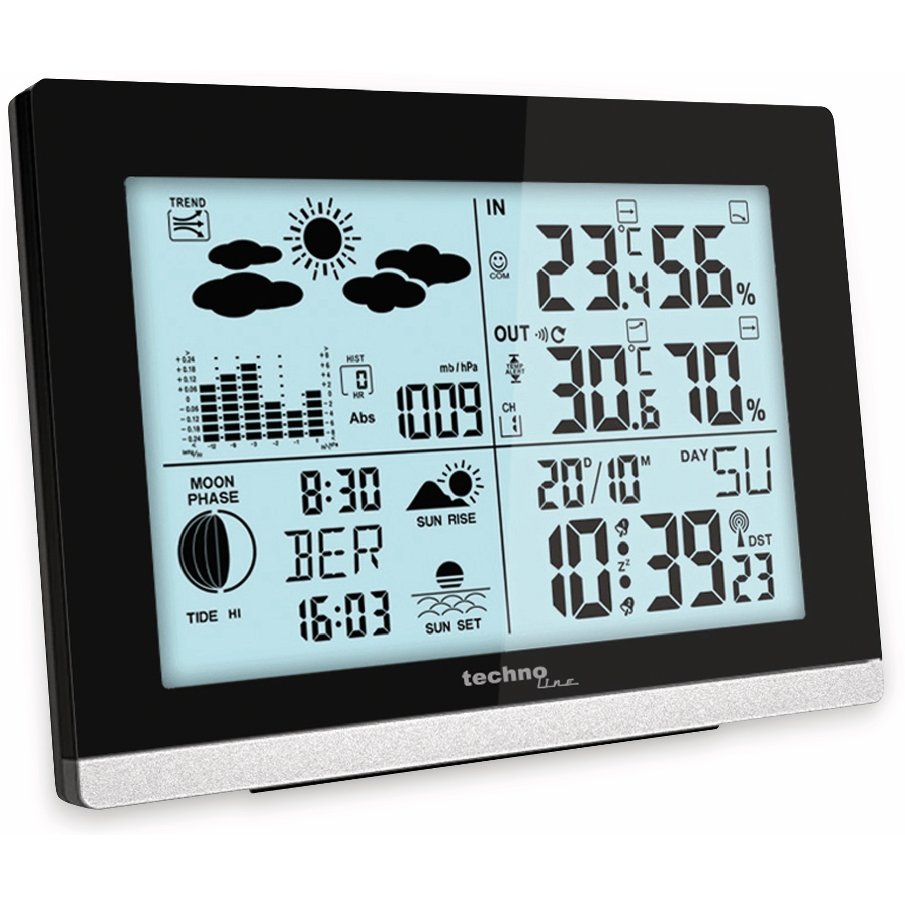 Cyfrowa stacja pogodowa wyświetlająca czas, temperaturę, wilgotność i ikony prognozy pogody.