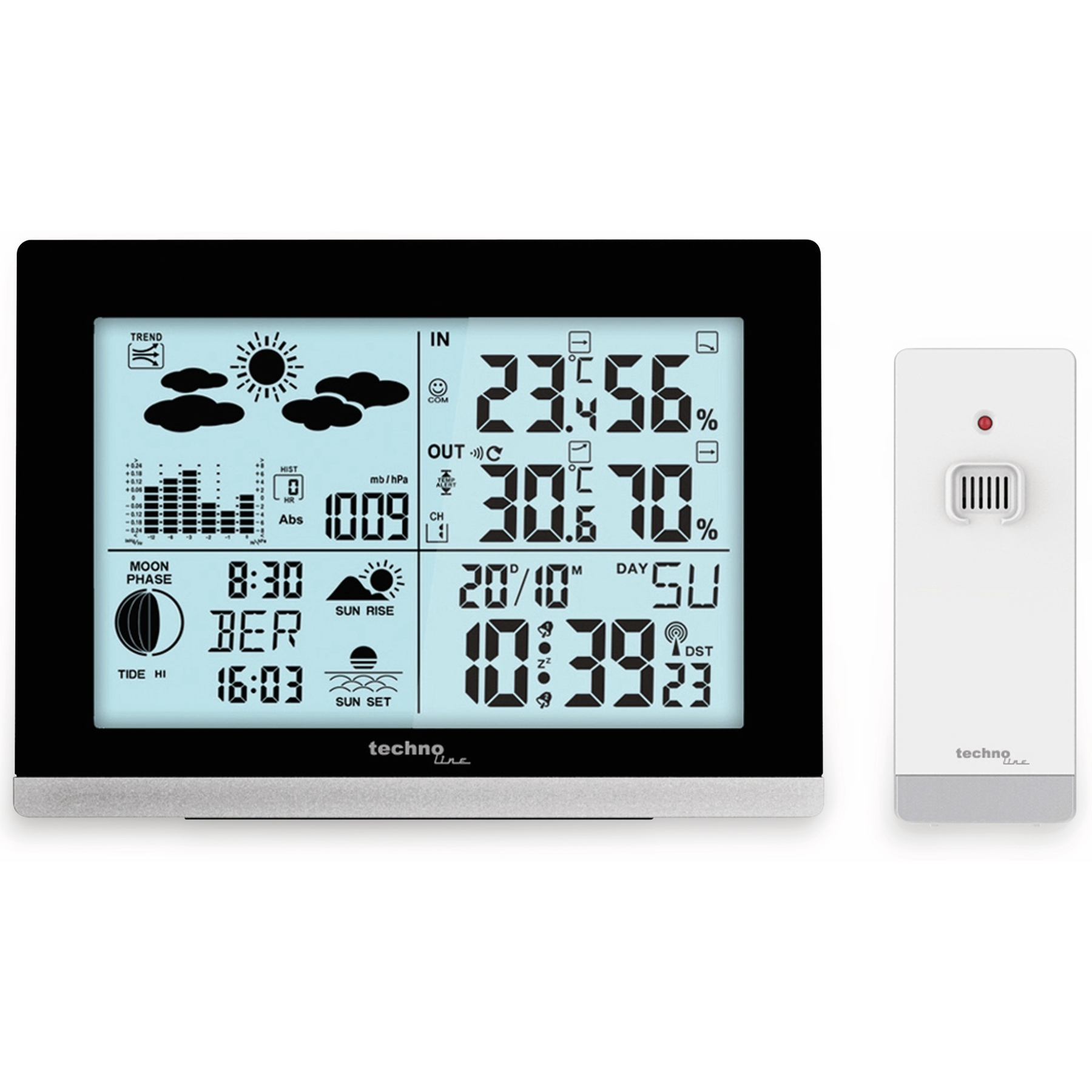 Stacja pogodowa wyświetla godzinę, temperaturę i prognozę pogody, z osobnym białym czujnikiem.
