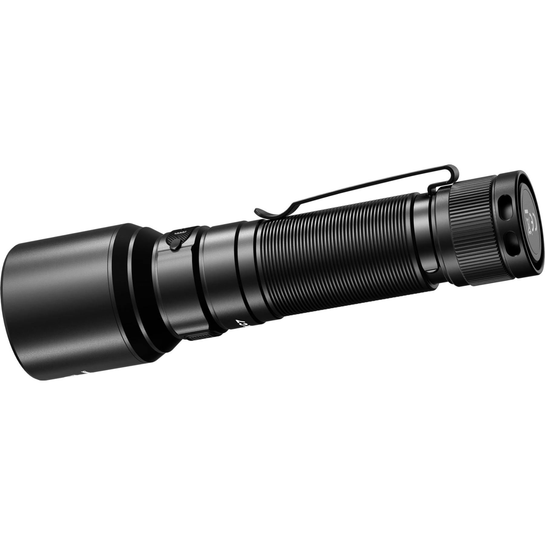 Schwarze Taschenlampe auf weißem Hintergrund. Sie hat einen Taschenclip und einen geriffelten Körper. Der Kopf ist groß und rund.