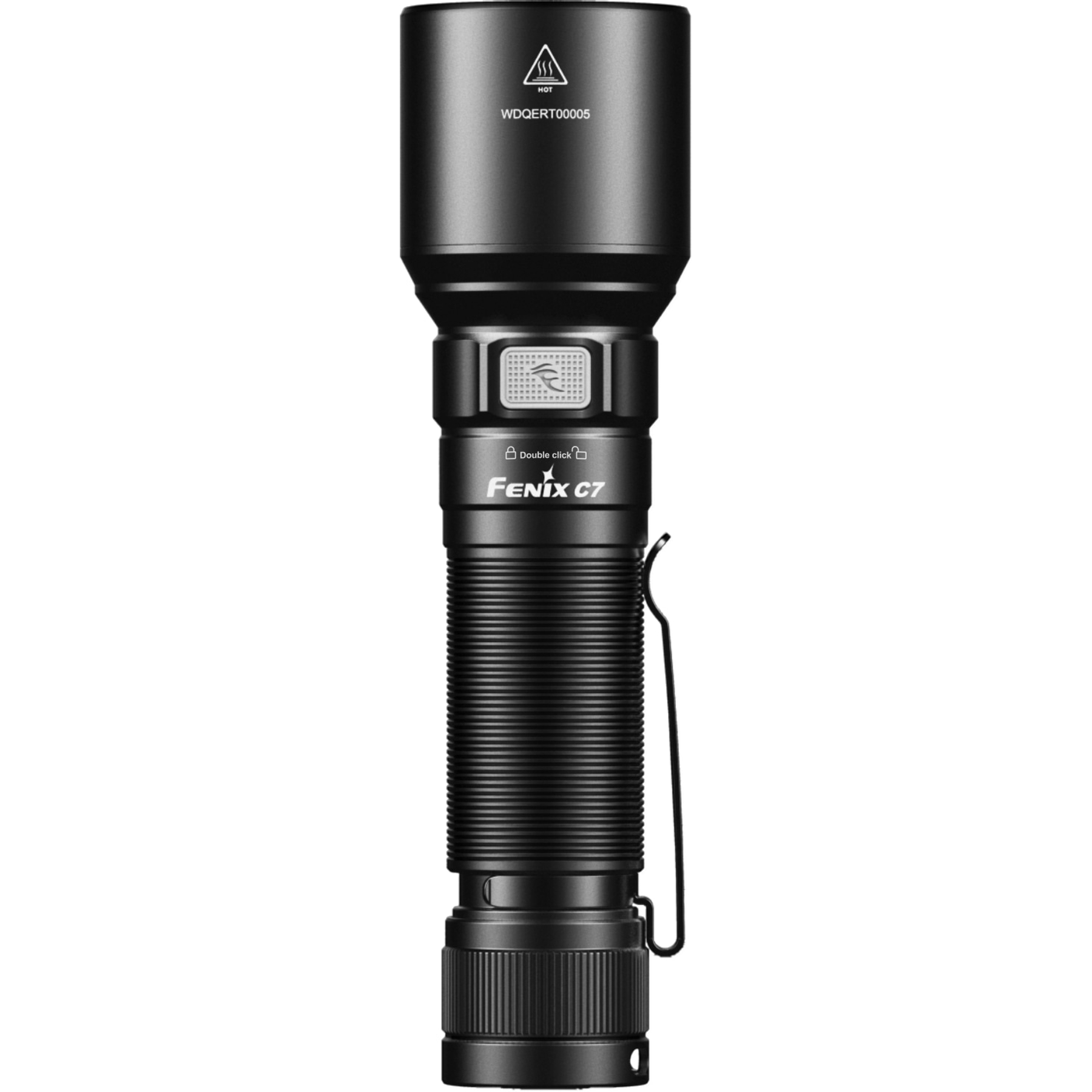 Schwarze Fenix C7-Taschenlampe mit Taschenclip. Sie hat einen geriffelten Körper, einen Knopf und ein Warnsymbol.