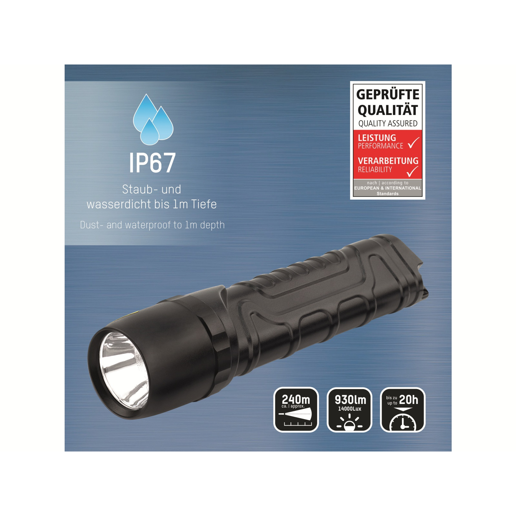 Czarna latarka z białym światłem, z klasą IP67, wodoodporna i z gwarancją jakości. Zawiera wskaźniki odległości, lumenów i żywotności baterii.
