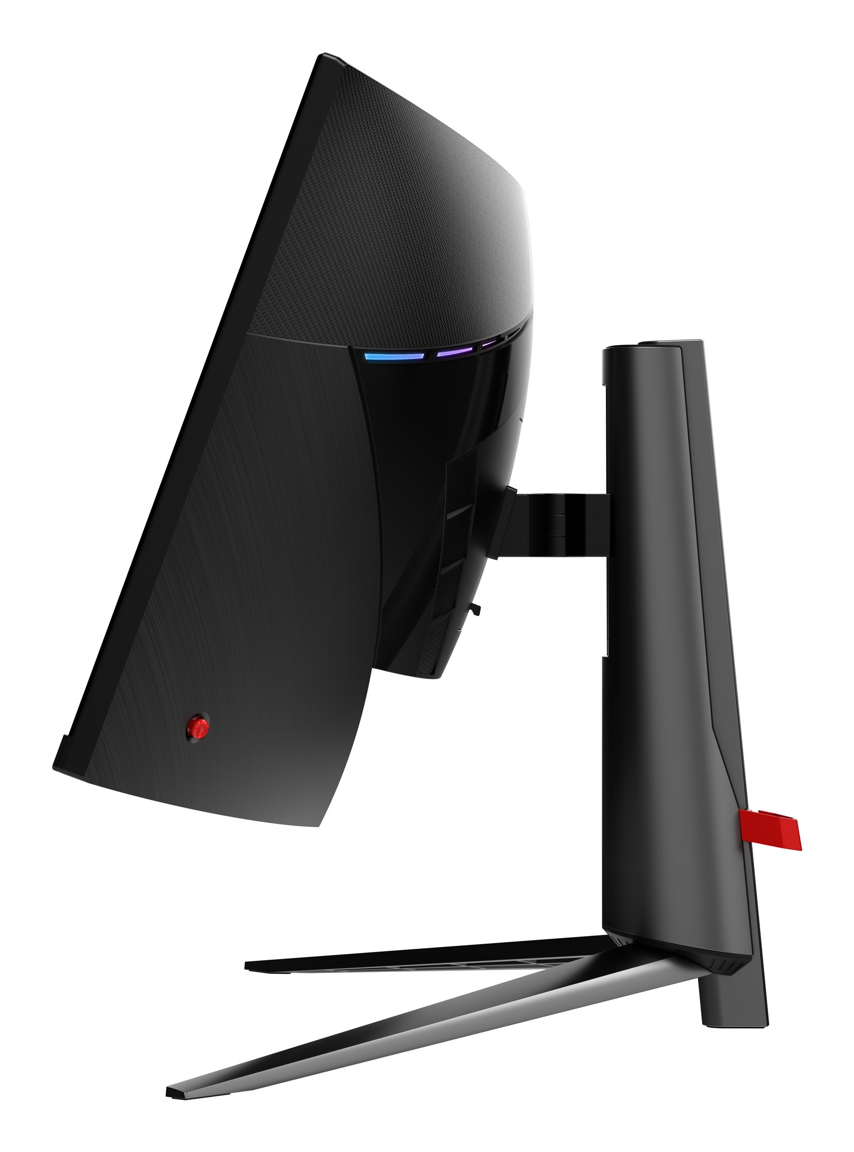 Czarny zakrzywiony monitor komputerowy. Ma czerwony przycisk z boku i podstawę ze srebrną podstawą.