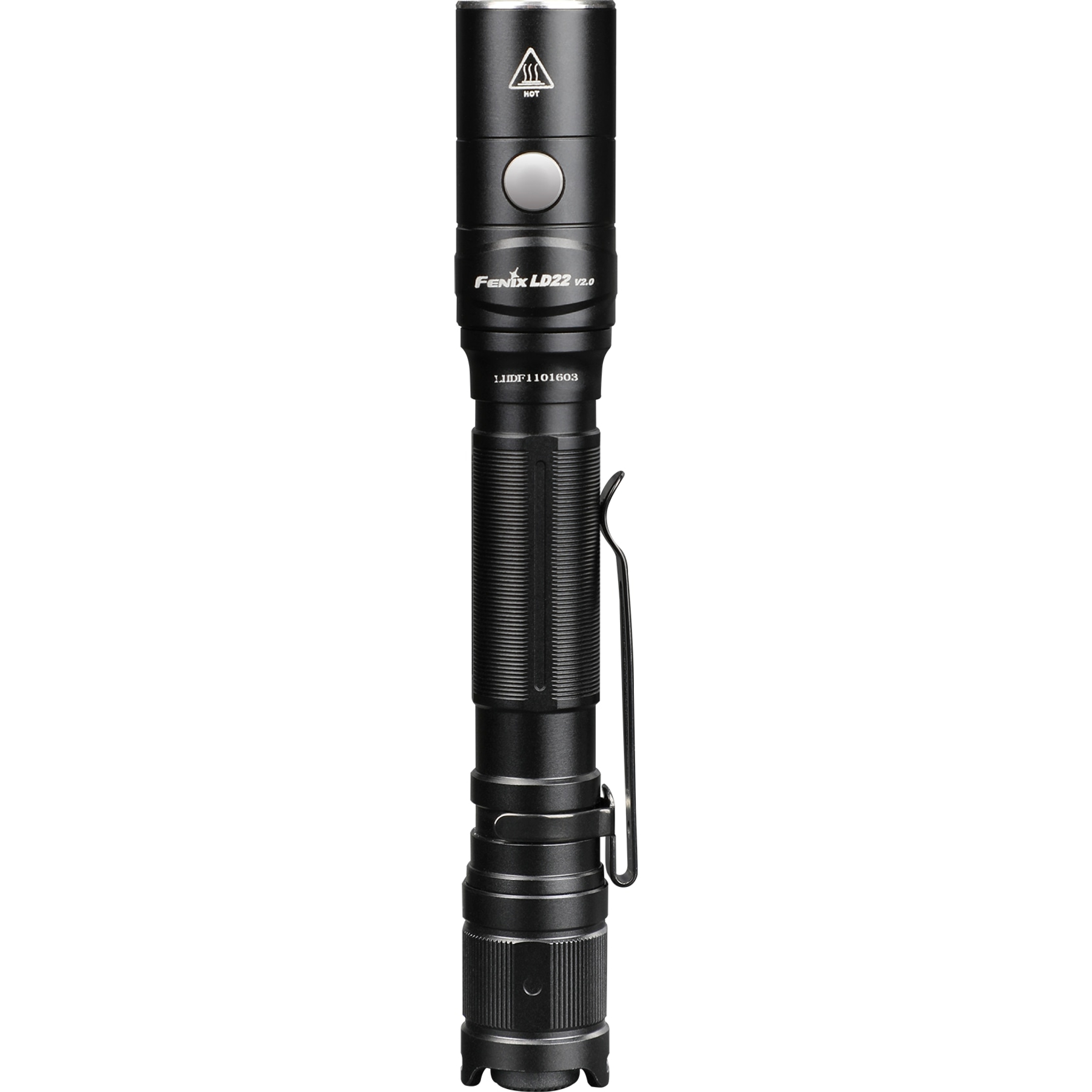 Czarna latarka Fenix LD22 V2.0 z klipsem i przyciskiem na białym tle.