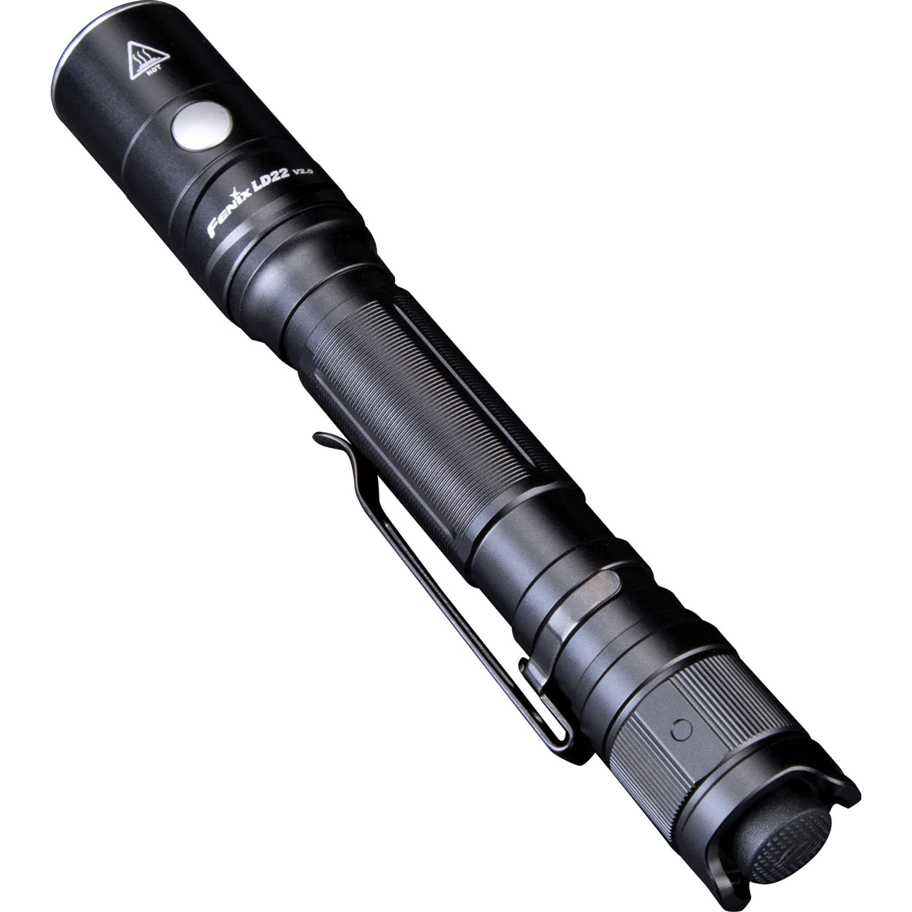 Czarna latarka Fenix LD22 V2.0. Posiada klips, przycisk i teksturowany uchwyt.