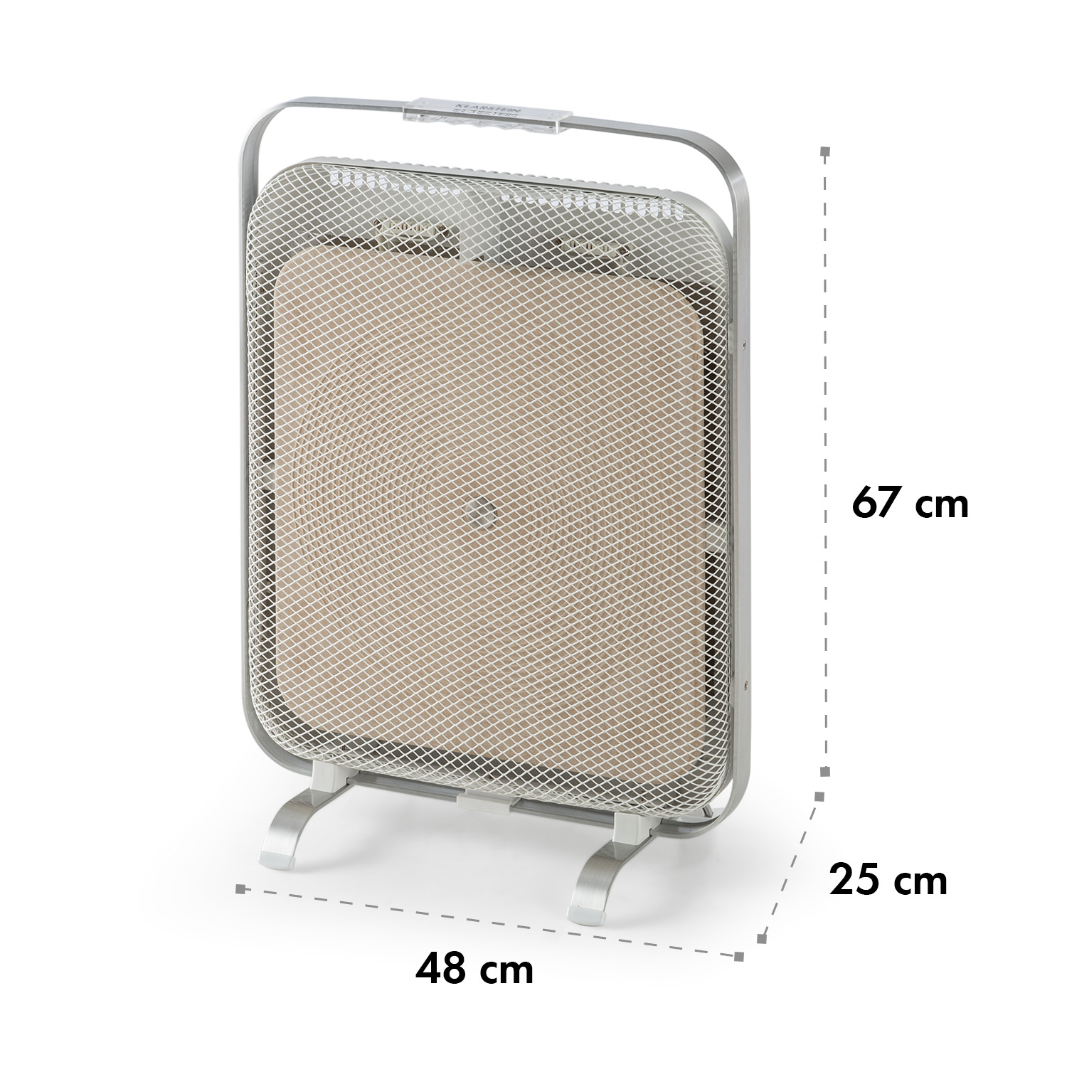 Un radiateur électrique argenté avec une façade grillagée. Dimensions : 67cm de haut, 48cm de large et 25cm de profondeur. Poignée en haut.