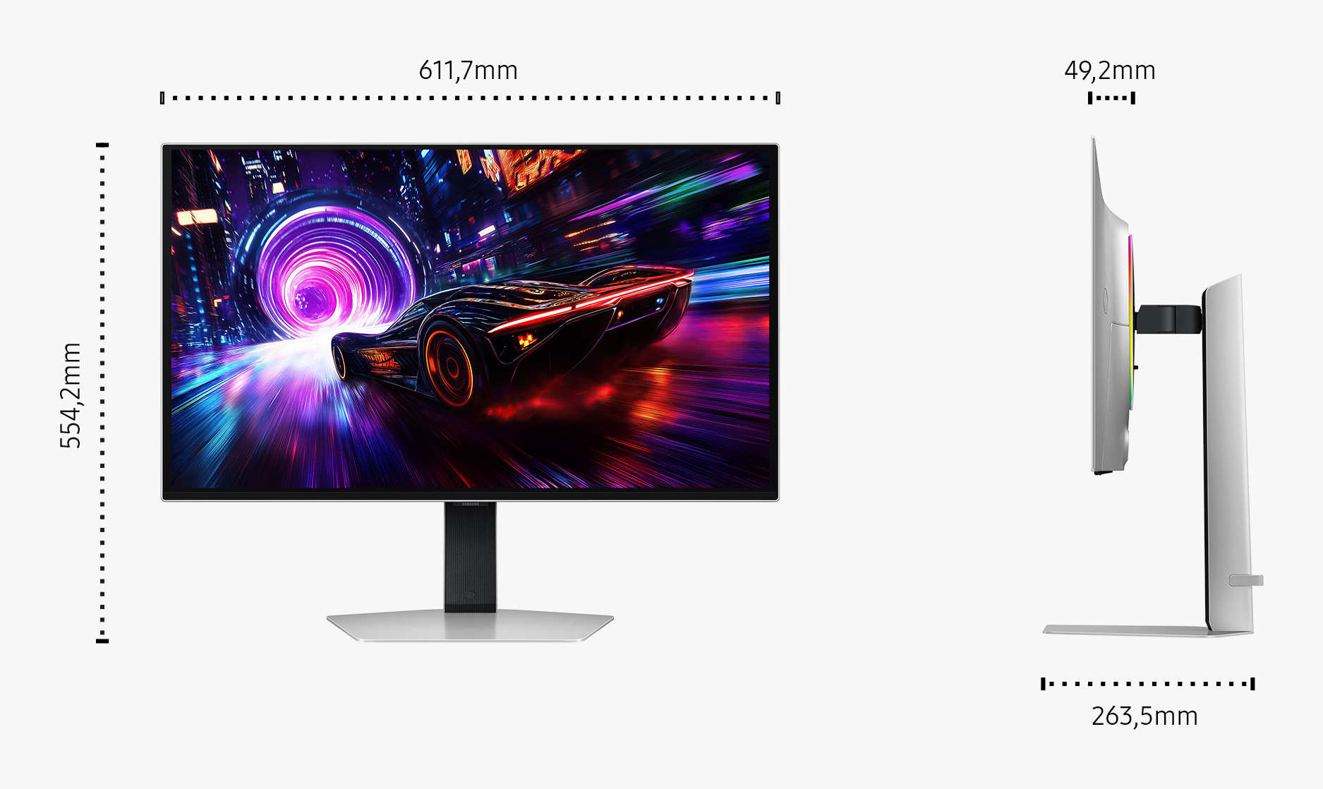 Monitor pokazuje futurystyczny samochód w wyścigu. Podano wymiary. Monitor ma srebrną podstawę i czarną podstawkę.