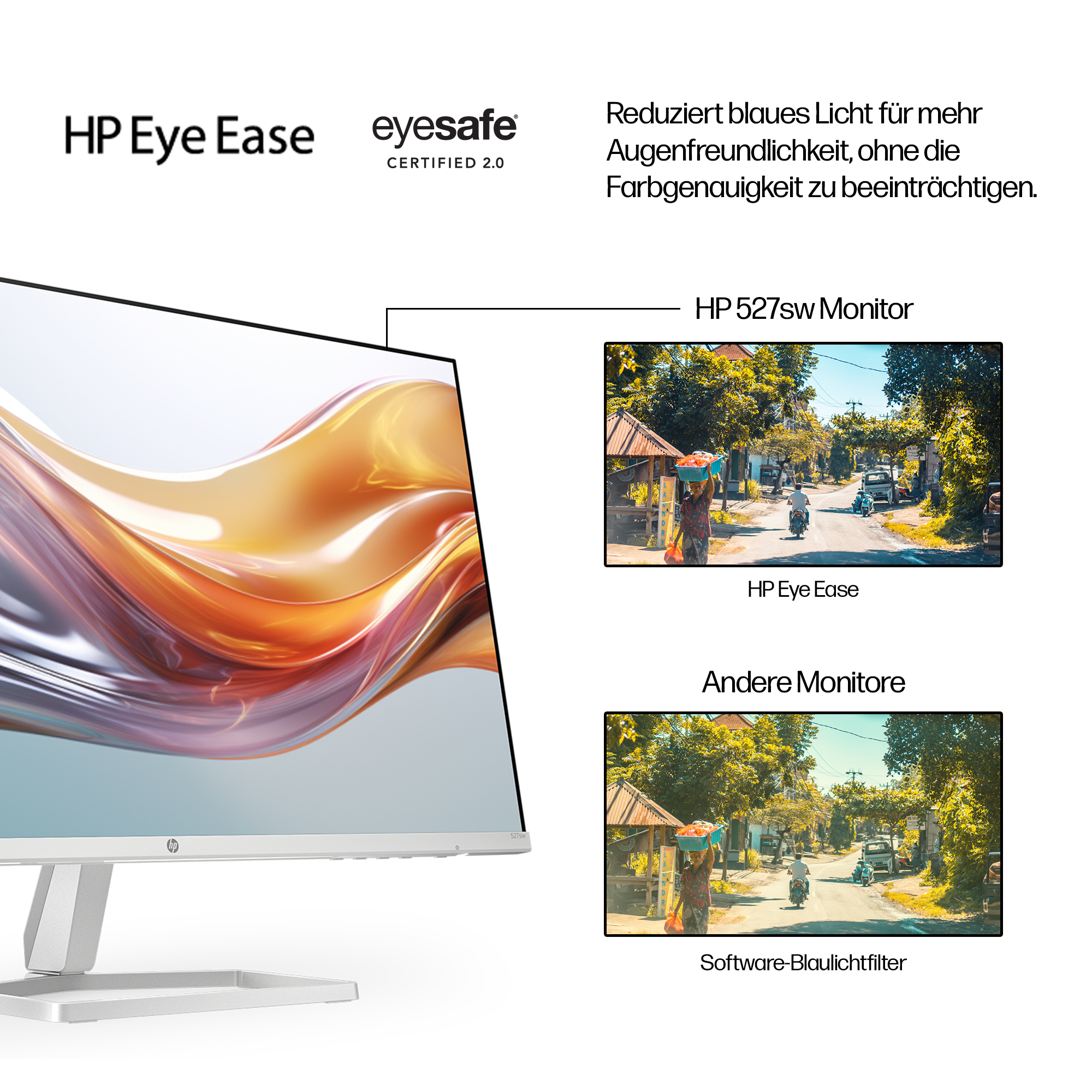 Un monitor HP con tecnología Eye Ease. Presenta imágenes de una escena callejera y texto que promueve la comodidad visual.
