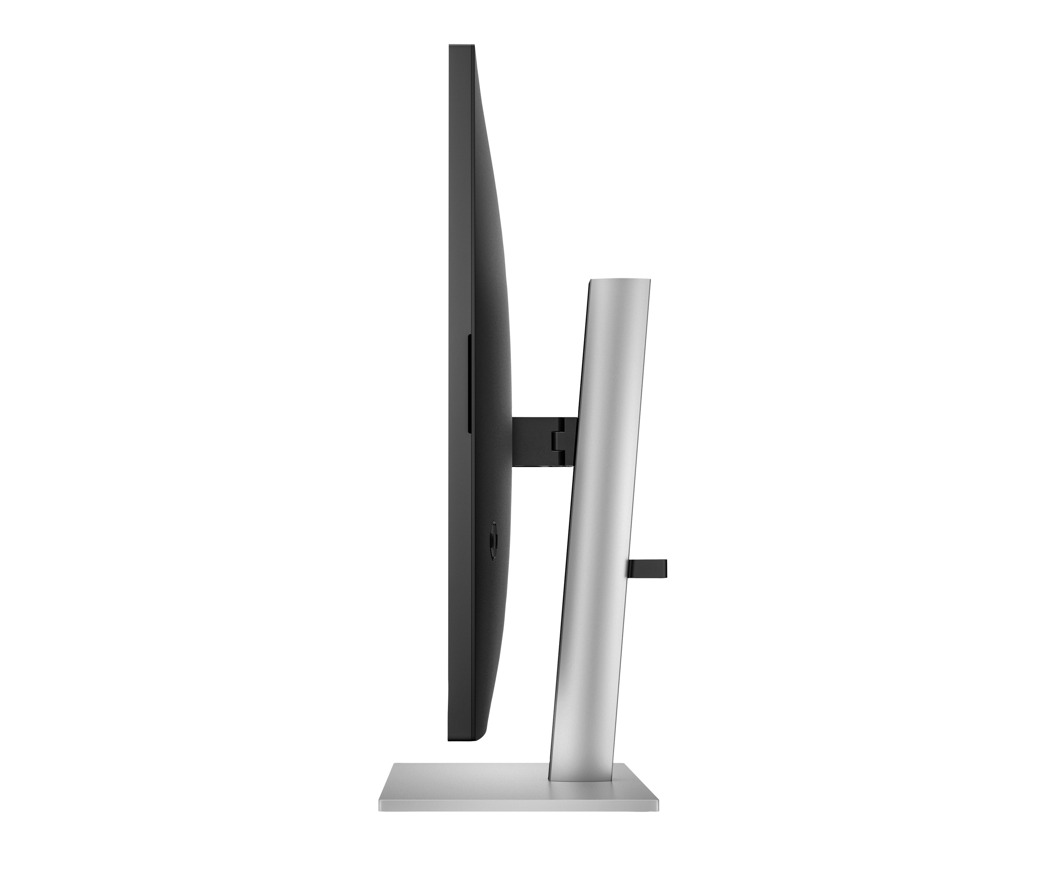 Vista laterale di un monitor di computer nero con supporto argentato, isolato su sfondo bianco.