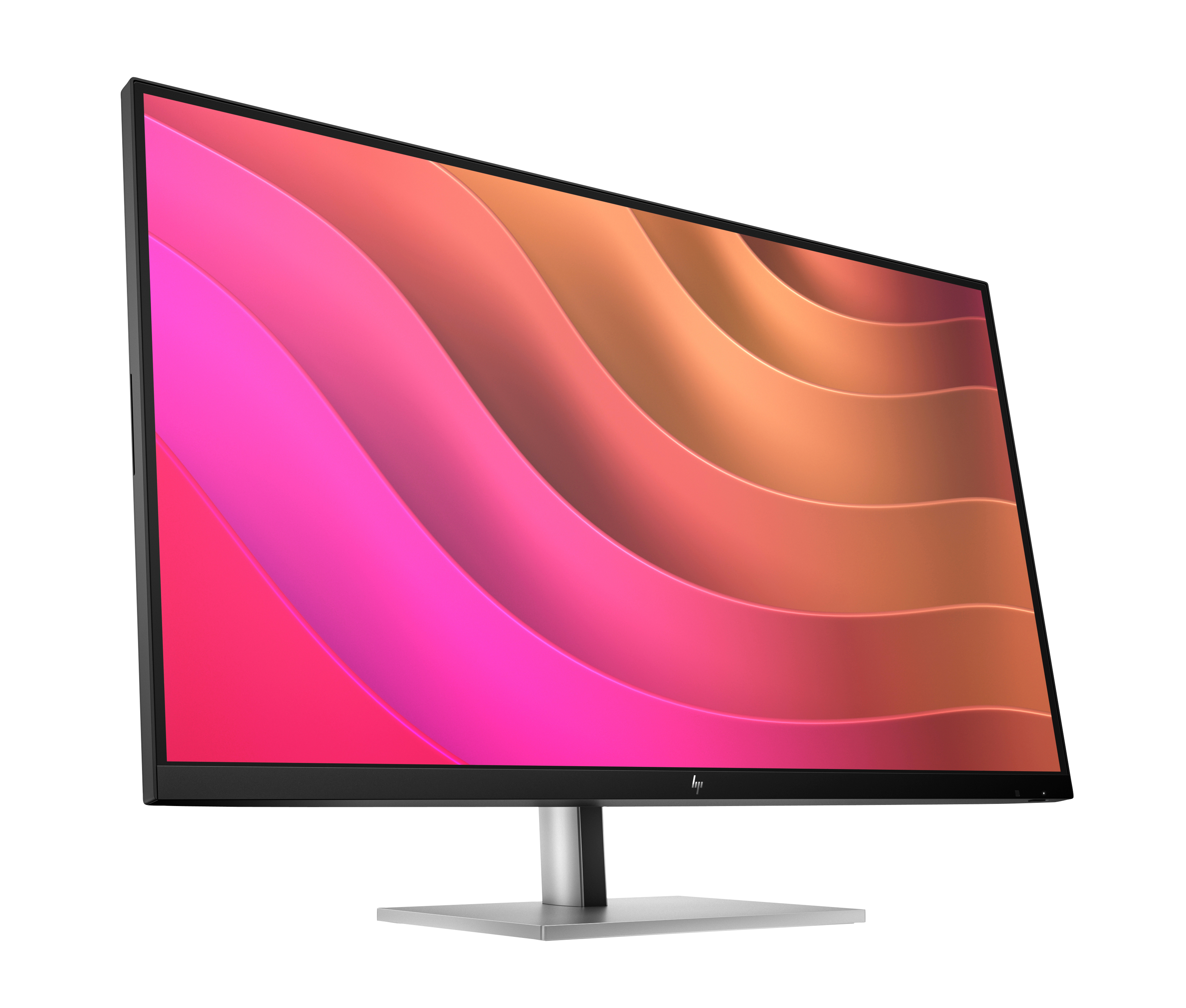 Un monitor HP muestra un fondo abstracto y colorido. Tiene un marco negro y un soporte plateado, sobre un fondo blanco.