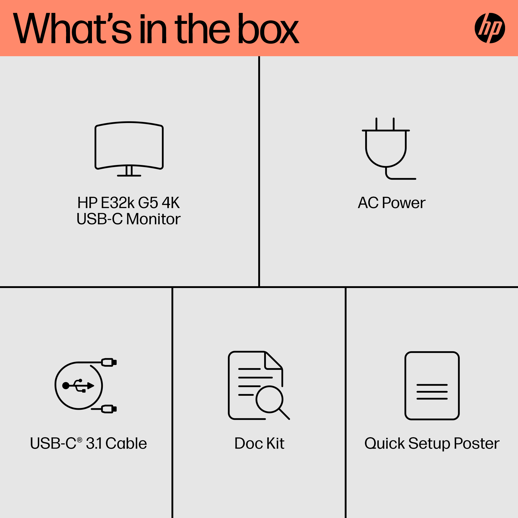 La imagen muestra un monitor, cable de alimentación, cable USB-C, kit de documentos y póster de configuración. El logotipo de HP es visible.