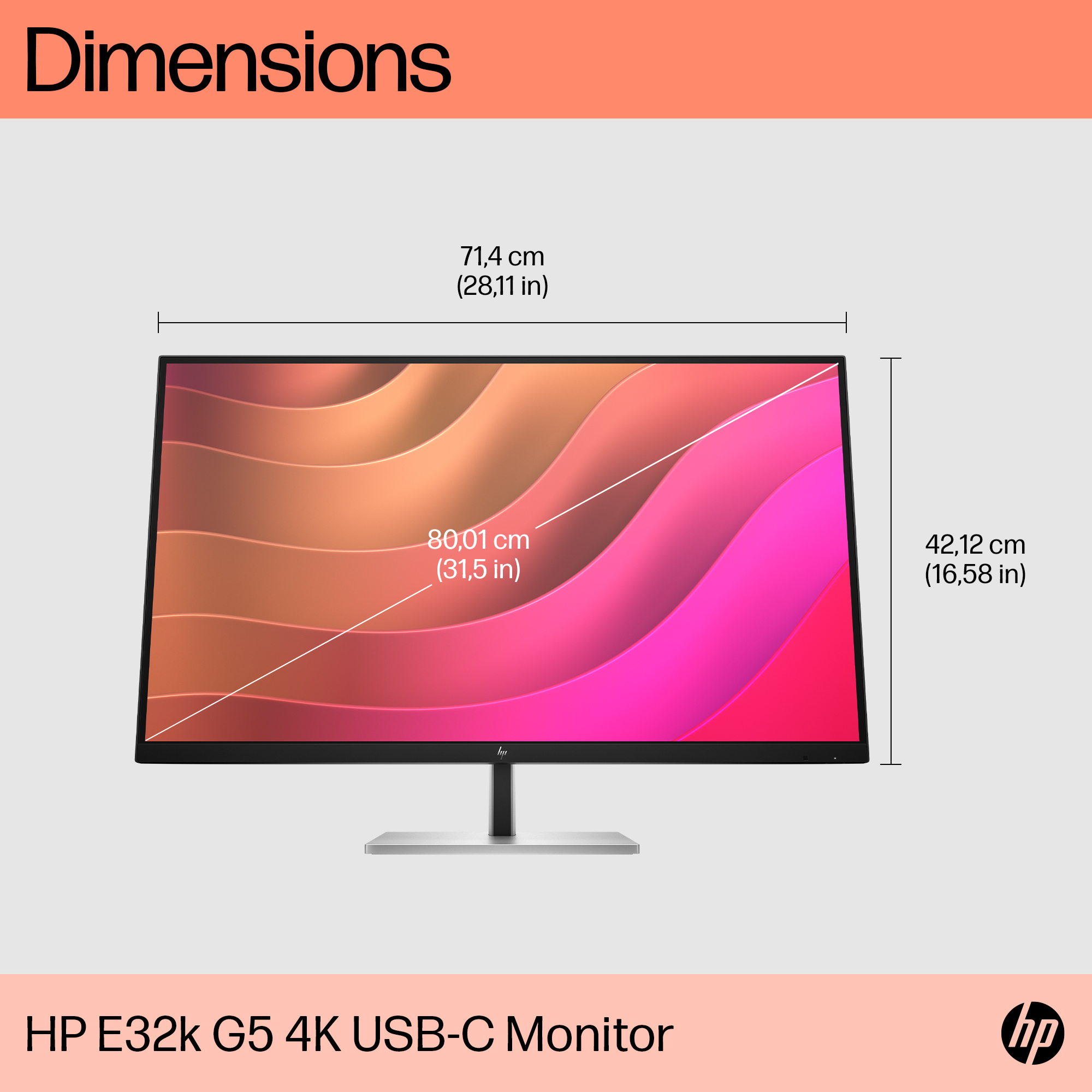 Un monitor HP E32k G5 que muestra dimensiones. La pantalla muestra ondas rosas y naranjas. Se muestran medidas en cm y pulgadas.