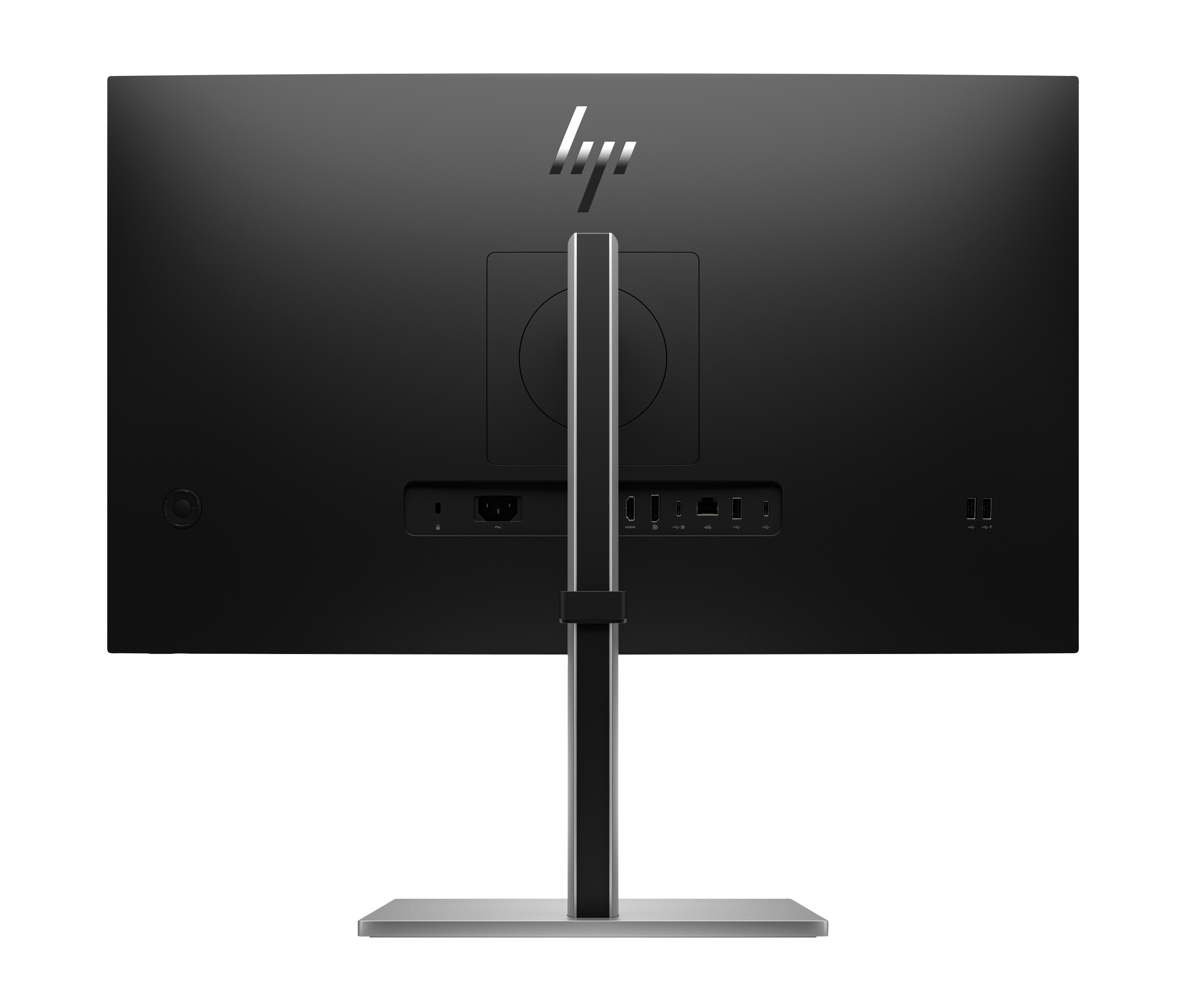 Un monitor HP negro. Tiene un soporte, puertos y el logotipo de HP. El fondo es blanco.