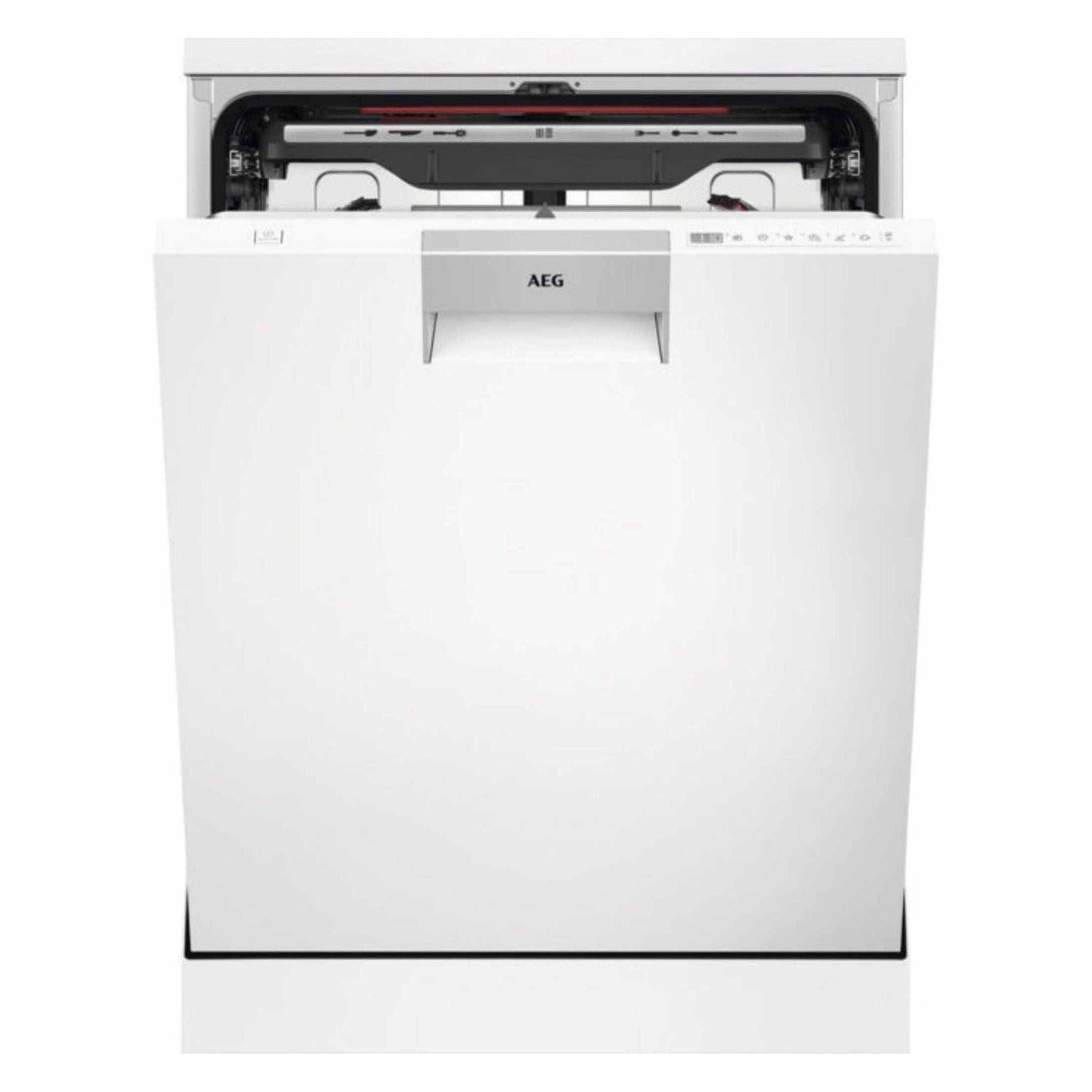 Un lave-vaisselle AEG blanc avec la porte ouverte. Le nom de la marque est visible. L'intérieur est visible.