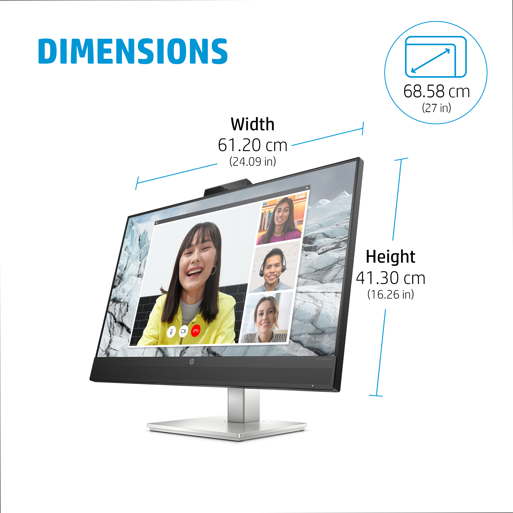 Un monitor HP que muestra una videollamada con cuatro participantes. Se muestran las dimensiones de ancho y alto. Tiene un soporte plateado.