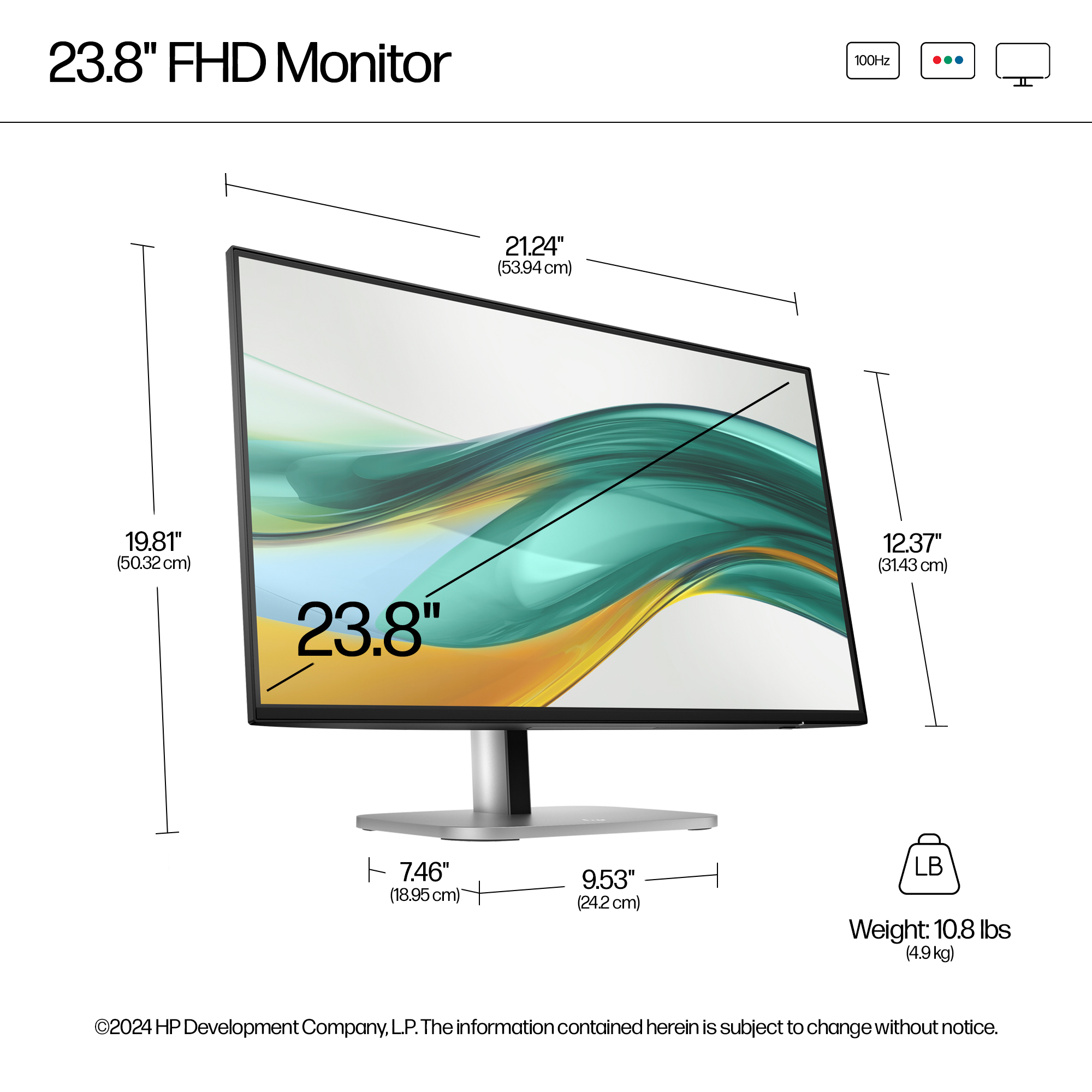 Un monitor FHD de 23,8" con dimensiones etiquetadas. Tiene un marco negro y un soporte plateado, con detalles técnicos.