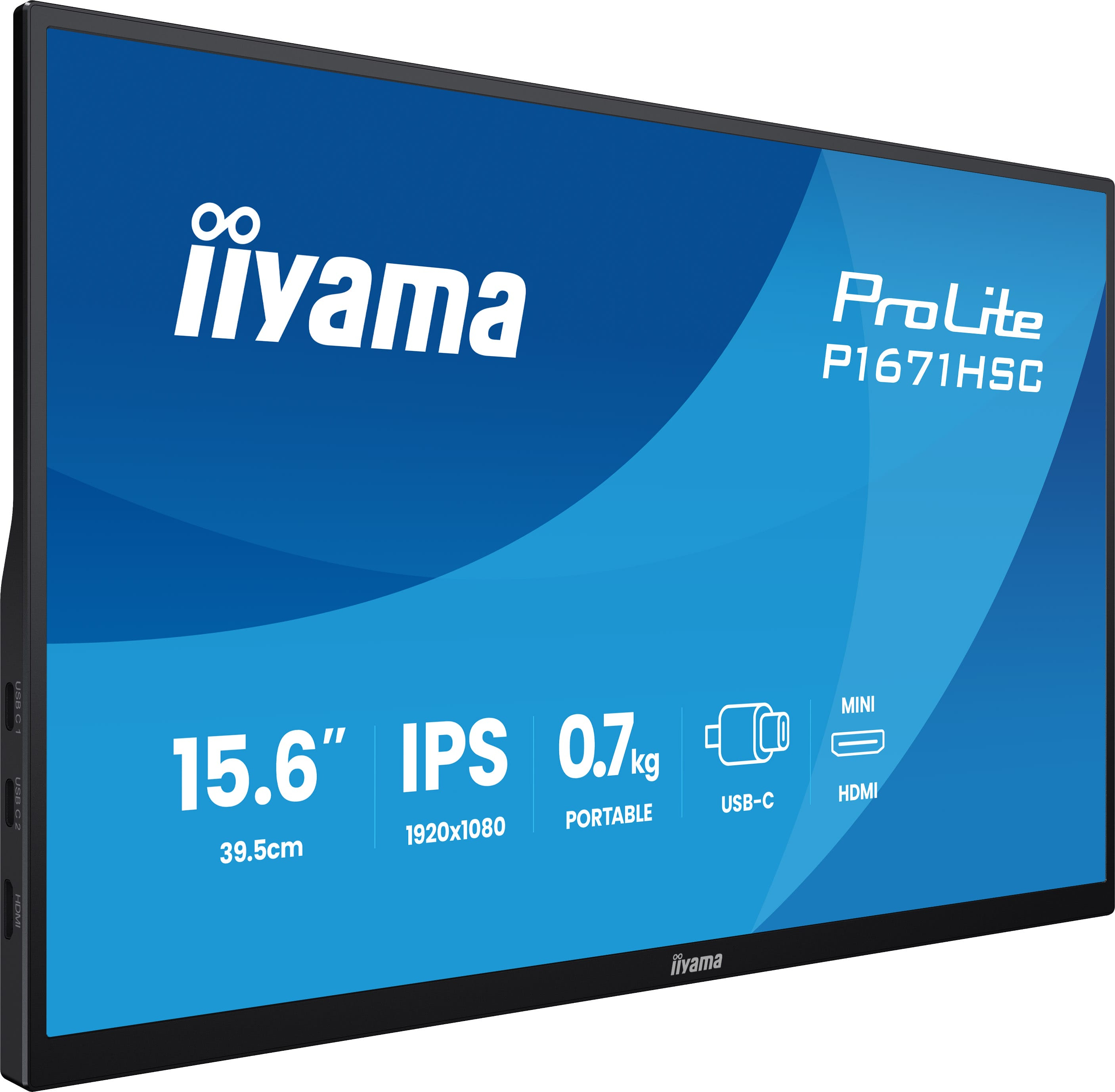 Monitor Iiyama ProLite. To przenośny wyświetlacz IPS o przekątnej 15,6 cala. Specyfikacje obejmują rozdzielczość 1920x1080, 0,7 kg oraz porty USB-C/HDMI.