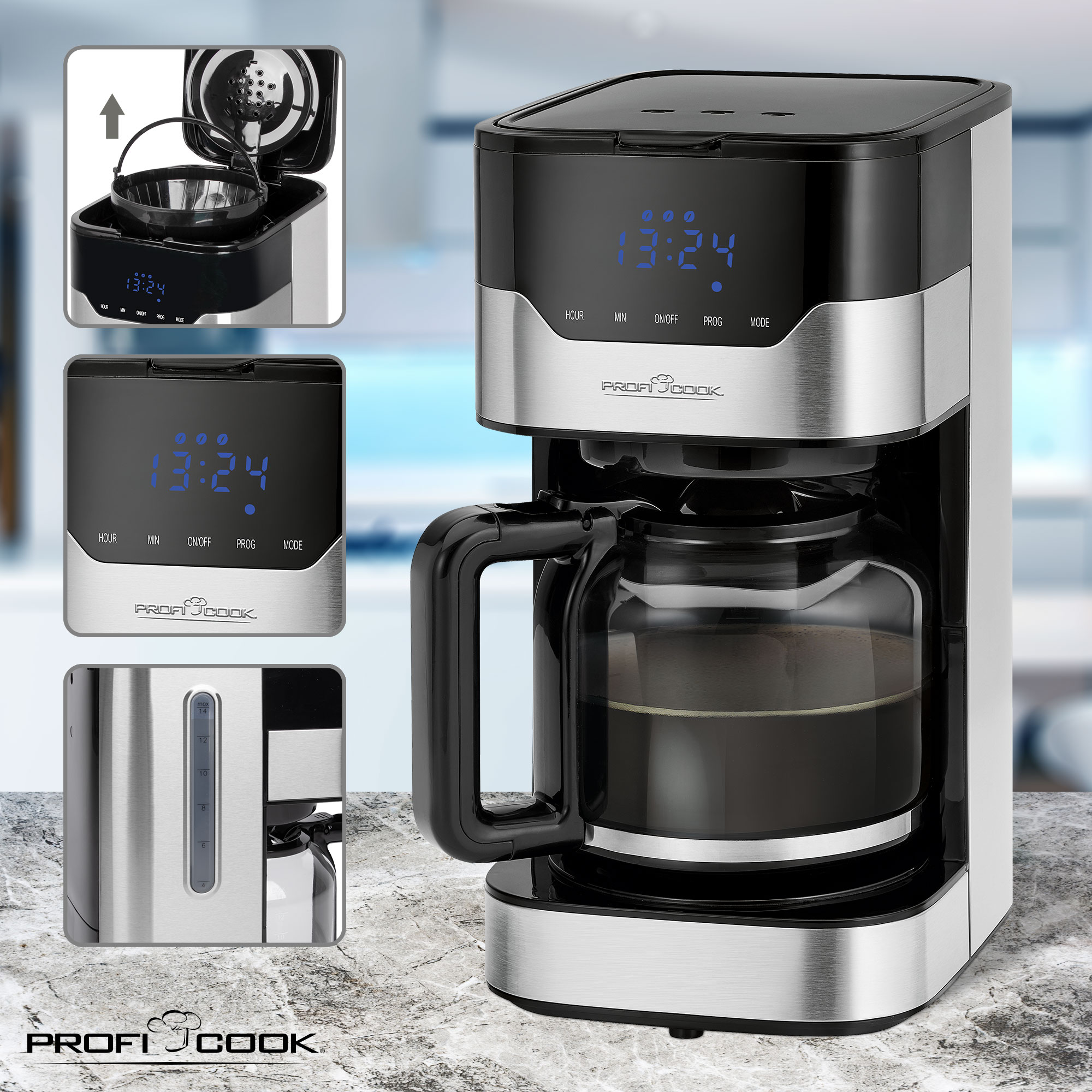 Srebrno-czarny ekspres do kawy Profi Cook. Ma cyfrowy wyświetlacz z godziną 13:24. Widoczny jest szklany dzbanek.