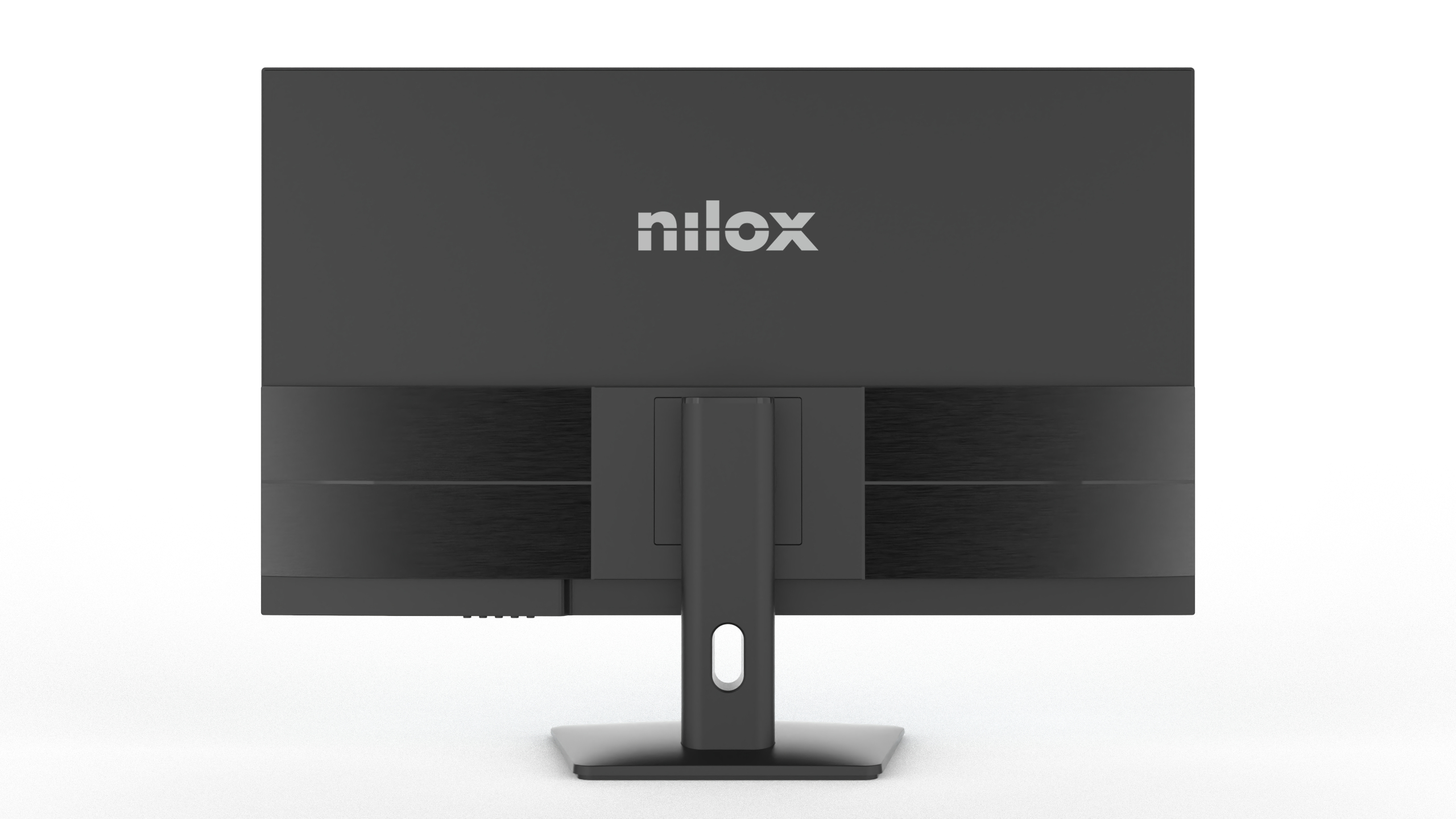 Vista posteriore di un monitor Nilox nero su una superficie bianca. Il monitor ha un supporto e il logo Nilox è visibile.