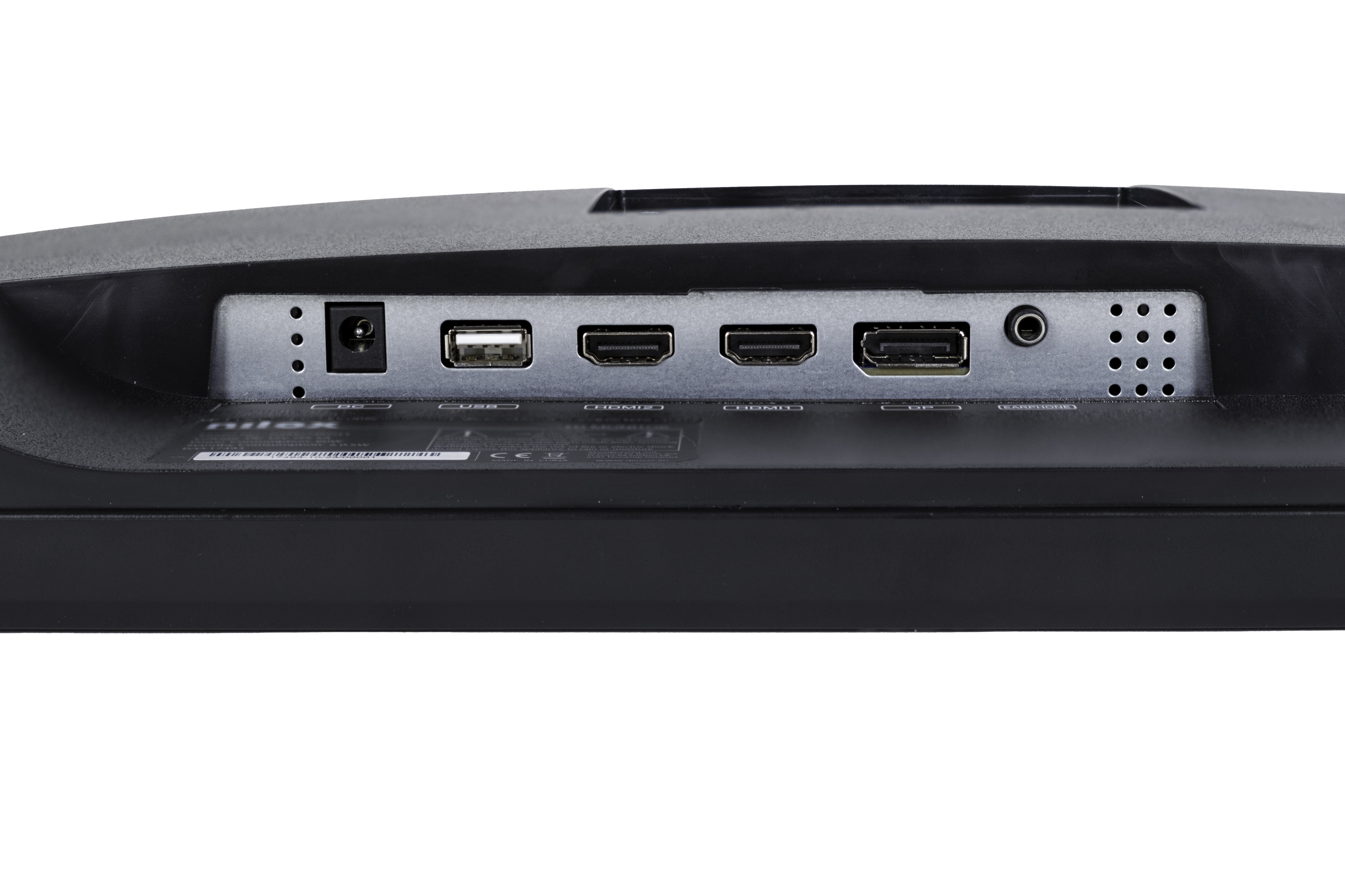 Parte trasera de un monitor. Los puertos visibles incluyen CC, USB, HDMI x2, DP y salida de audio. La pantalla es negra.