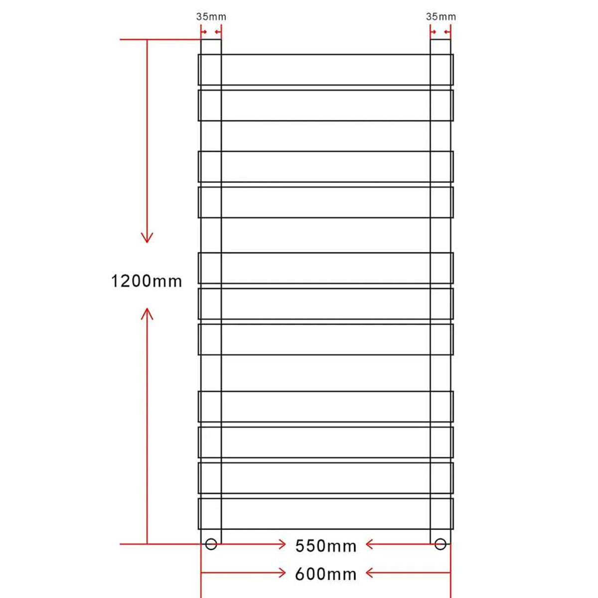 Diagramma di una struttura a scala con dimensioni: 1200 mm di altezza, 550 mm e 600 mm di larghezza, con 35 mm in alto.