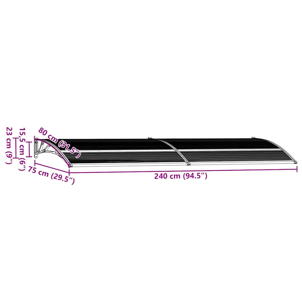 Ein Vordach mit den Maßen: 240 cm lang, 80 cm breit und 23 cm hoch. Die Maße sind beschriftet, einschließlich Zoll.