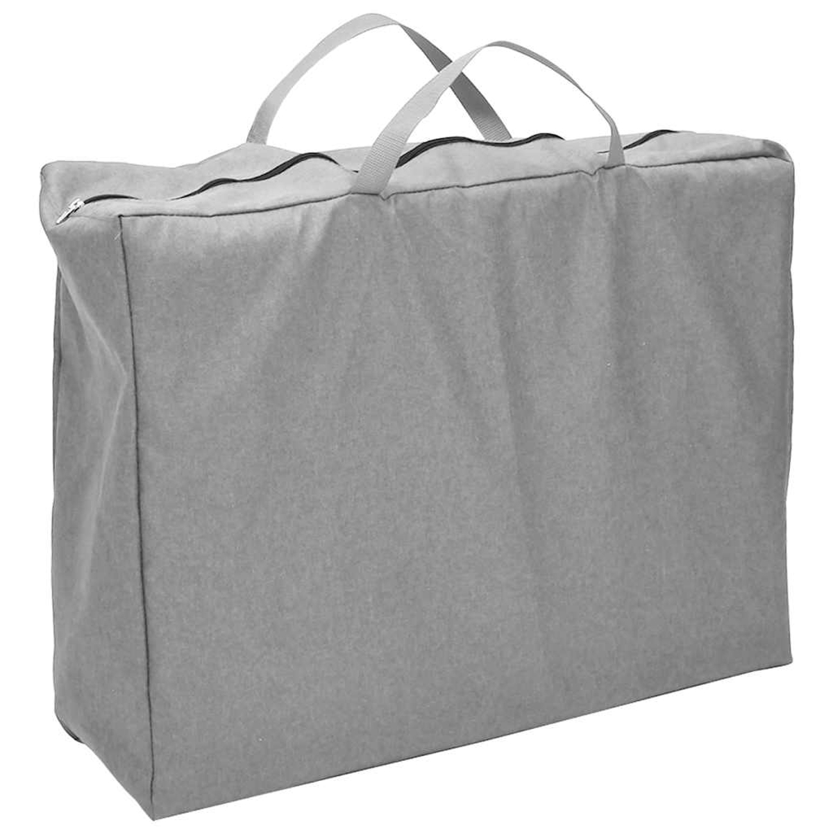 Eine graue rechteckige Tasche mit Griffen. Die Tasche hat einen Reißverschluss und graue Griffe. Sie ist schlicht und der Hintergrund ist weiß.