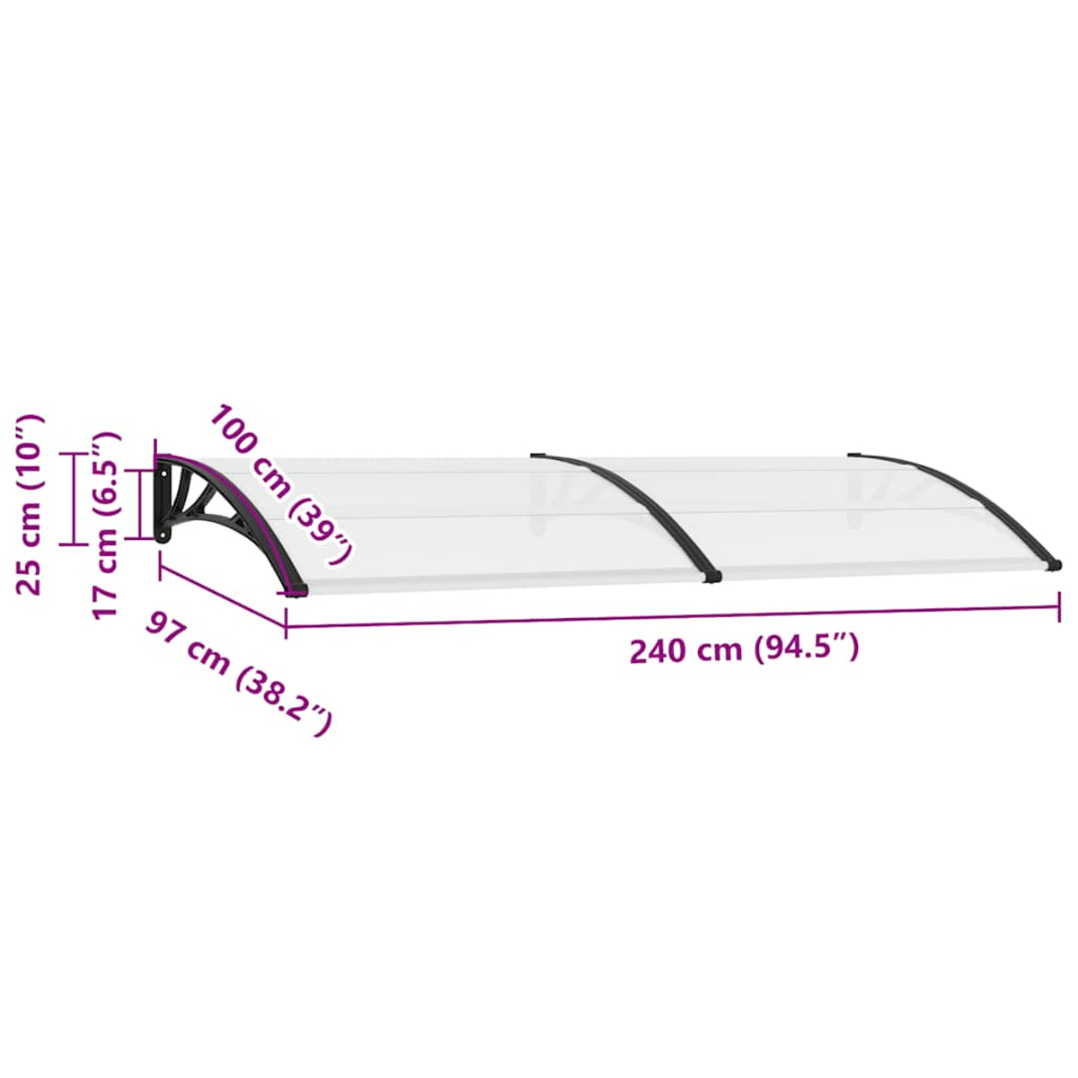 Ein klares Vordach mit Abmessungen wird gezeigt. Es hat gebogene schwarze Stützen und ist 240 cm (94,5") lang.