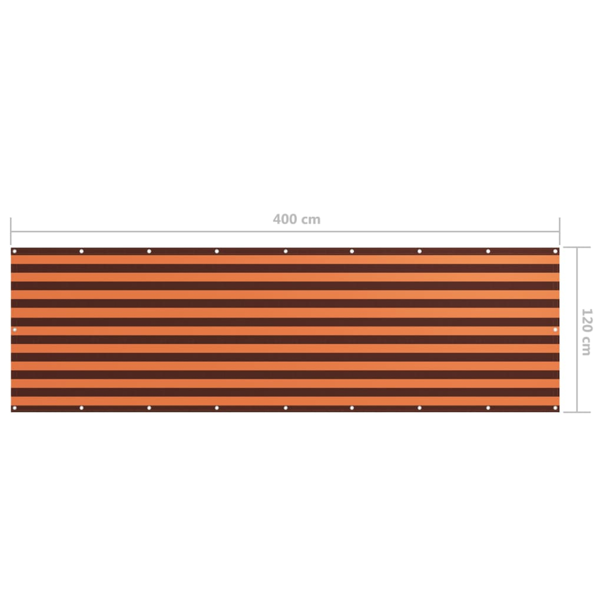 Ein rechteckiger orange-braun gestreifter Zaun. Er ist 400 cm lang und 120 cm hoch. Er hat Löcher oben und unten.