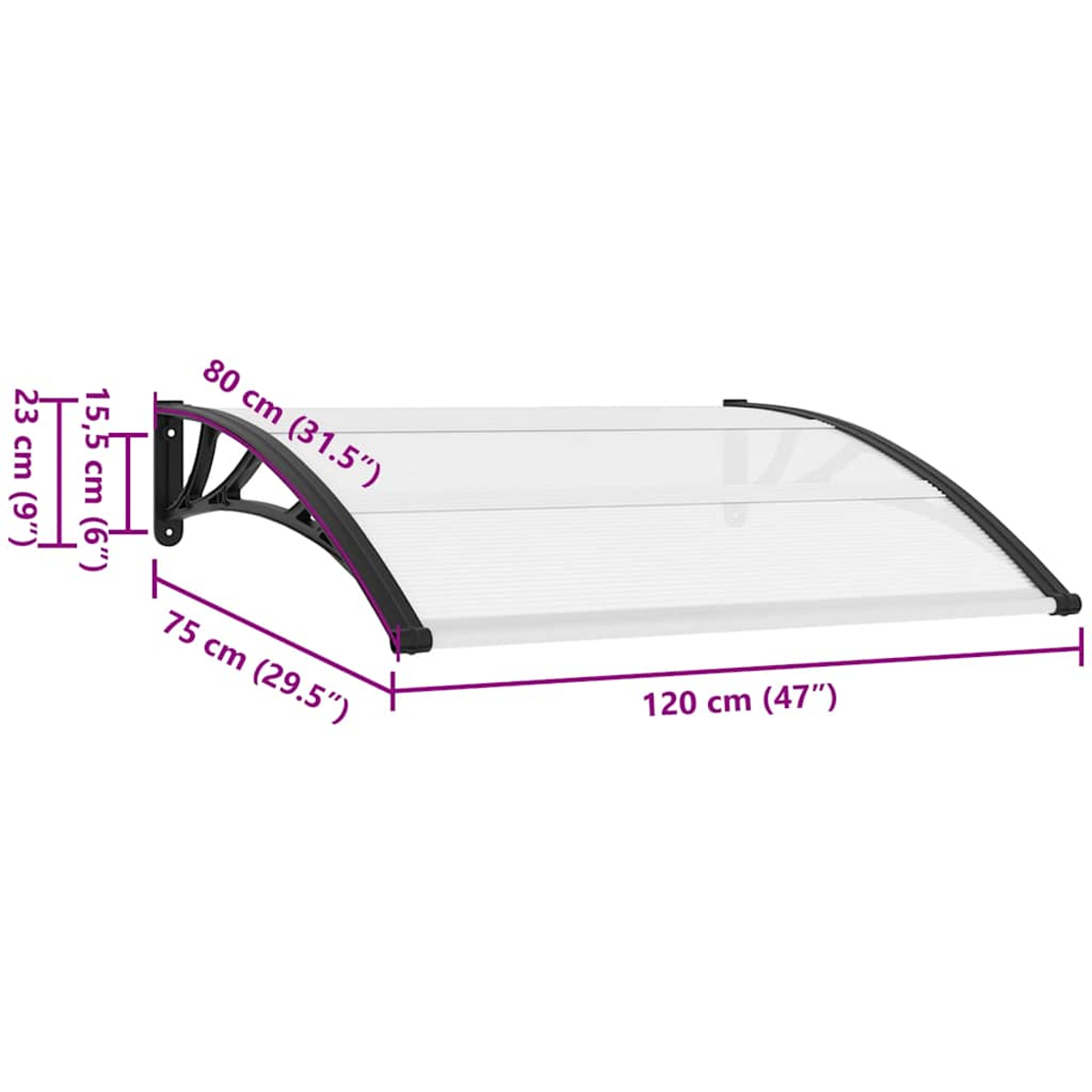 Ein klares, gewölbtes Vordach mit schwarzen Stützen. Abmessungen sind beschriftet: 120 cm lang, 80 cm breit und 23 cm hoch.