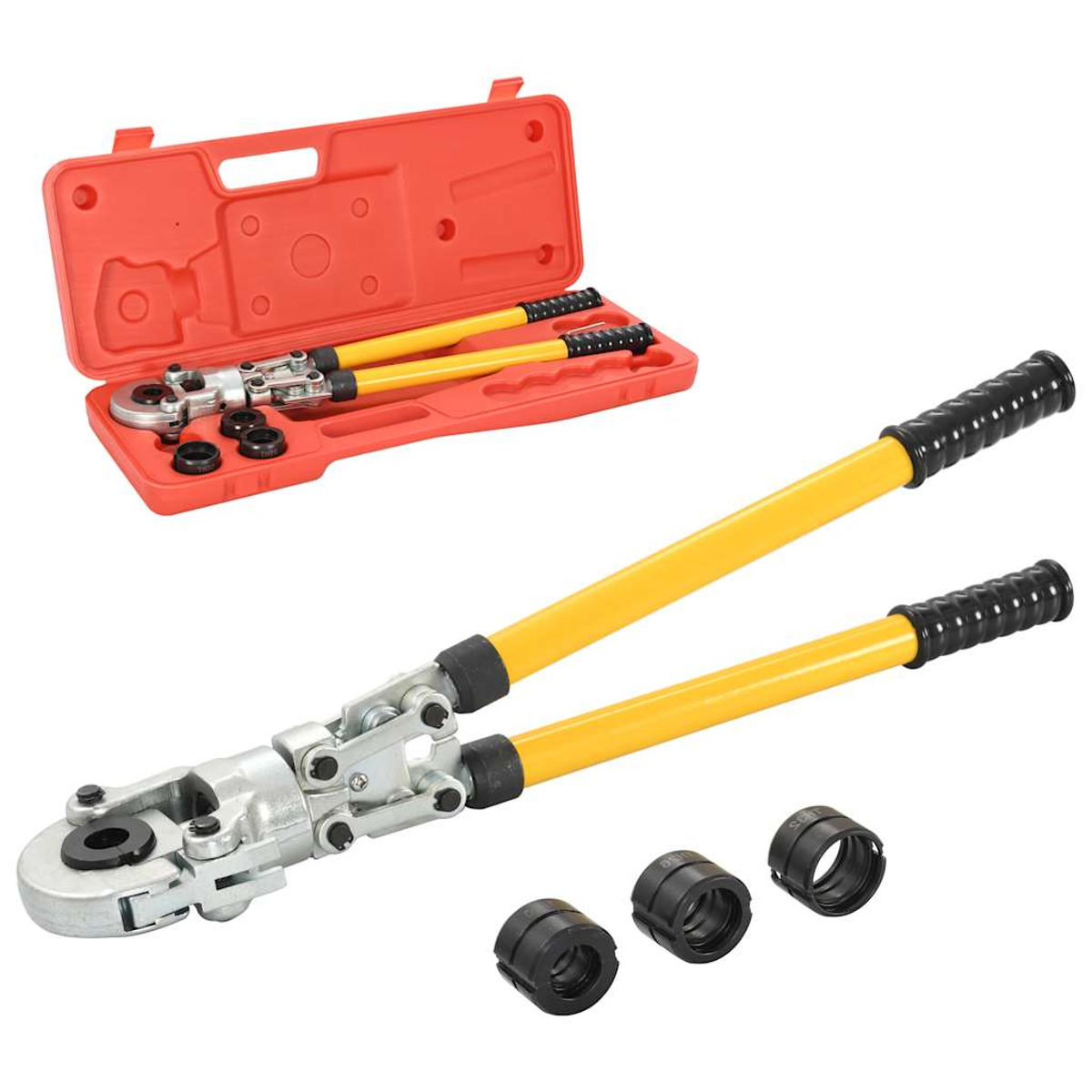 Ein hydraulisches Crimpwerkzeugset, einschließlich eines roten Koffers, eines Werkzeugs mit gelbem Griff und mehrerer schwarzer Crimpmatrizen.