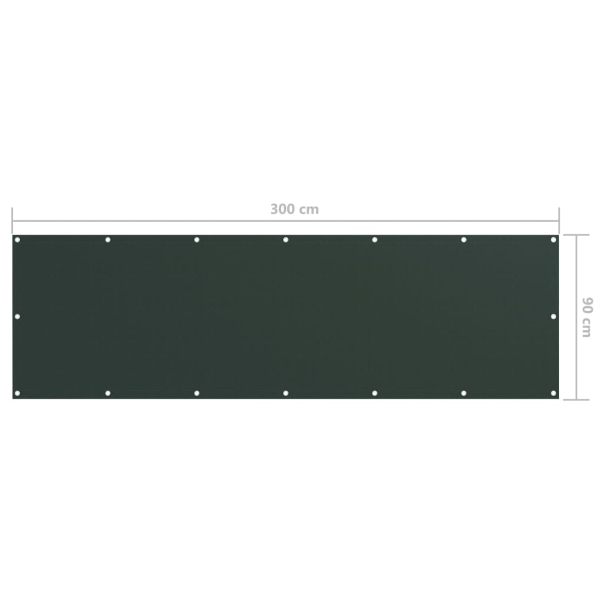 Dunkelgrüne rechteckige Platte mit weißen Ösen an Ober- und Unterkante, Abmessungen 300 cm x 90 cm.
