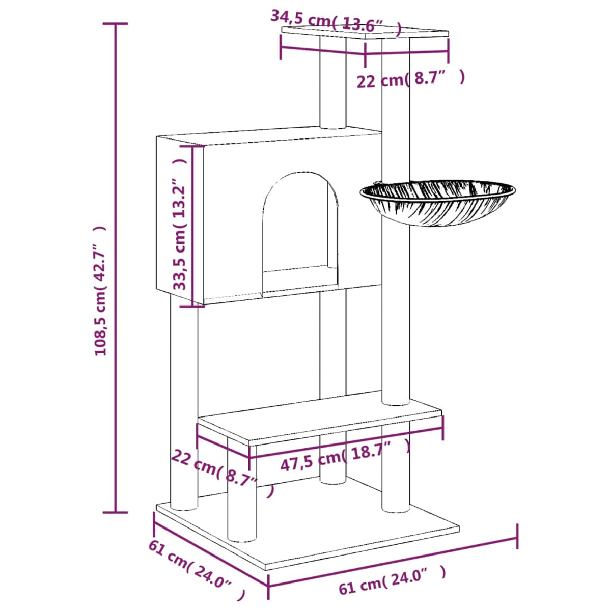 Ein Katzenturm wird dargestellt, mit mehreren Ebenen, darunter eine obere Sitzstange, ein Versteck, eine Hängematte und eine Basis, alles in einem schematischen Stil.